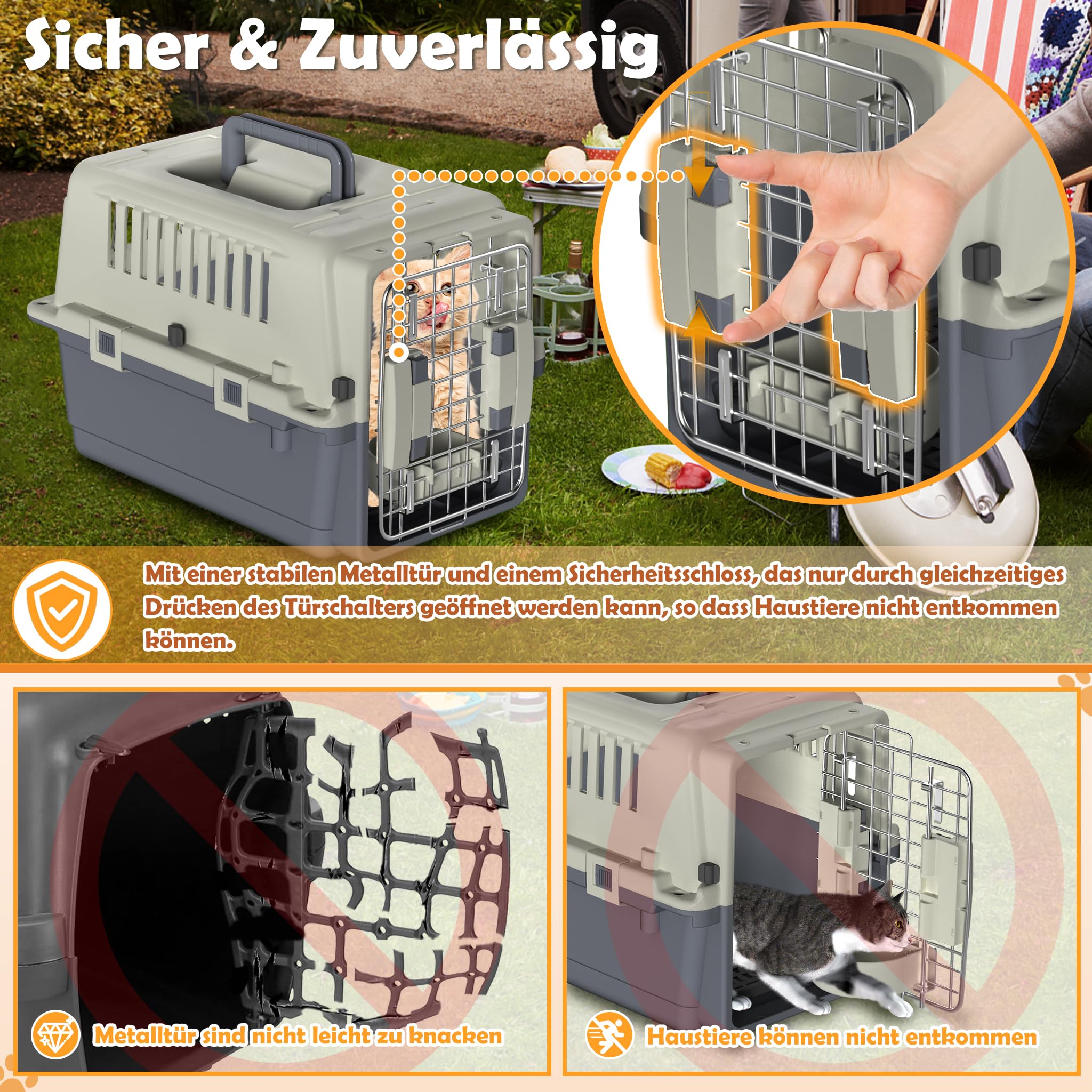 Boîte de transport en plastique pour chien et chat - 60 x 39,5 x 44 cm - Avec récipient de nourriture et séparateur d'urine - Boîte de transport pour animaux - Gris foncé