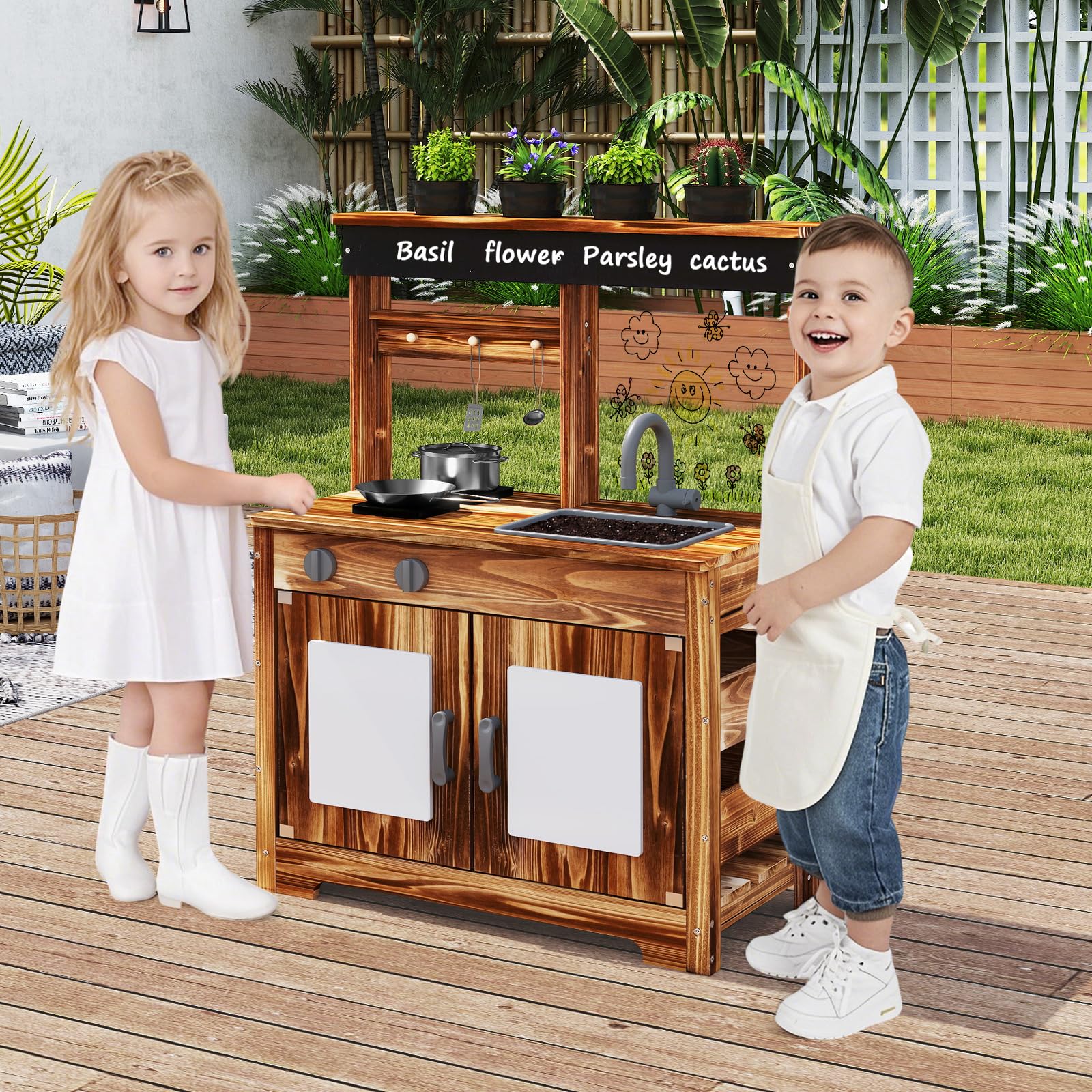 GOPLUS Cuisine Exterieur Enfant en Bois de Sapin, Jouet de Cuisine de Boue avec Tableau Noir, Panneau Acrylique, 4 Pots de Plantation, Robinet, Évier Amovible, pour 3+ Ans