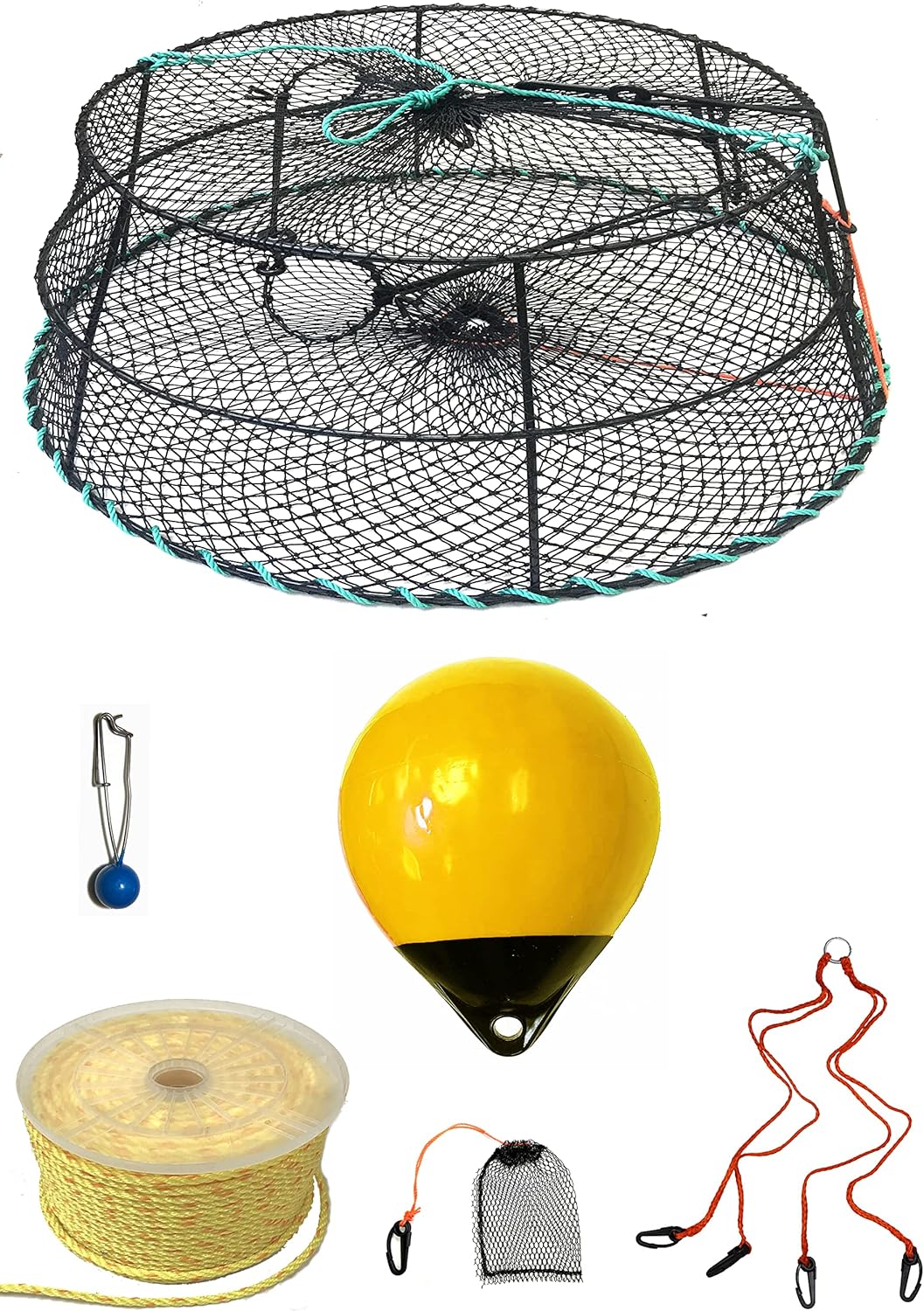 KUFA Sports Tower Style Vinyl Coated Prawn Trap with 5/16" x 400' Poly Rope & Line Weight, Bait Bag, Harness & Yellow Float Combo (CT79+PBP30Y+HA2)