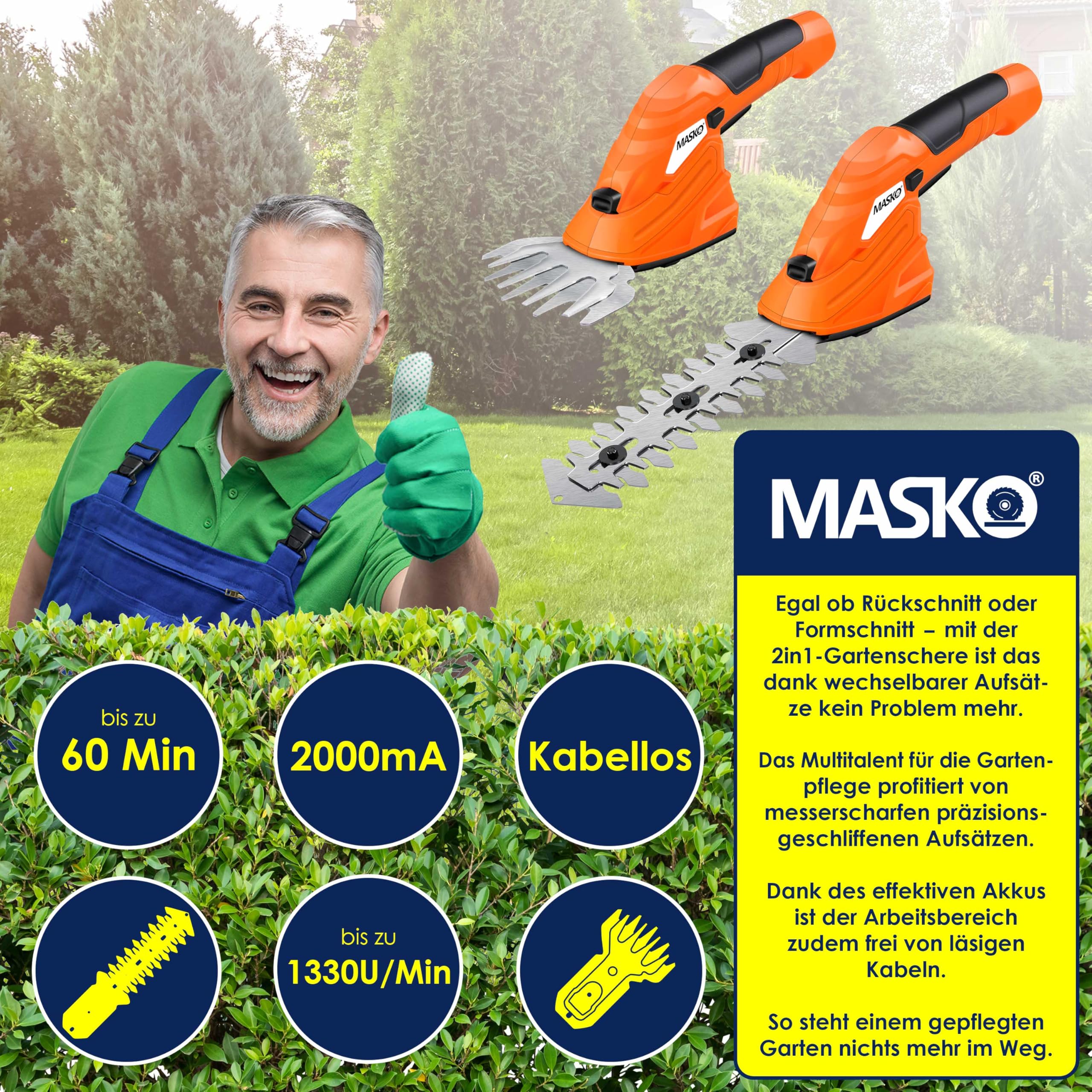 Grasschaar met accu 7,2 V 2000 mAh, 2-in-1 struikschaar accu, gazonschaar met telescoopsteel, heggenschaar, graskantensnijder, trimmen van gazonranden, struiksnede, gras maaien, grijs