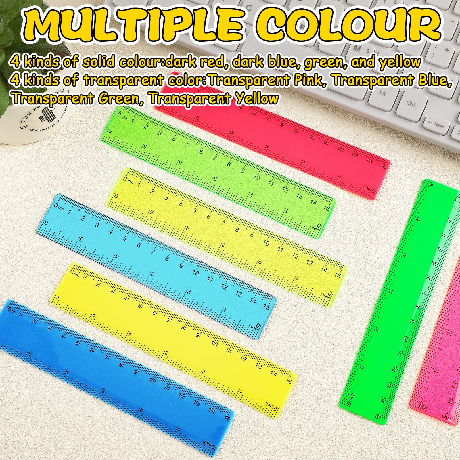 Confezione da 192 righelli trasparenti colorati per aule e bambini, righello colorato trasparente con pollici e centimetri, righelli metrici per scuola, casa e ufficio (15,2 cm)