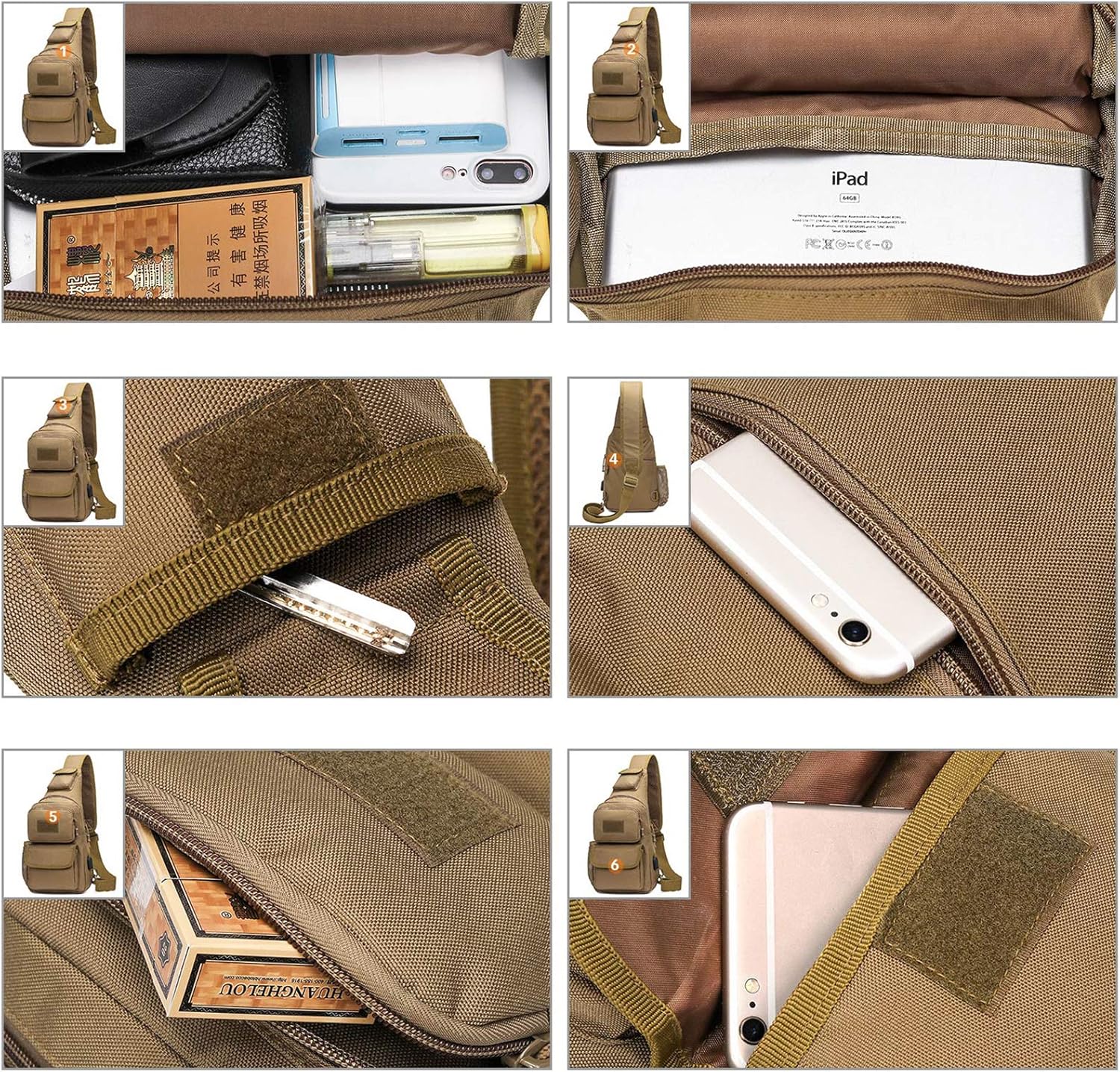 BAIGIO Tactical Sling Bag Crossbody Pack One Shoulder Backpack (Brown)