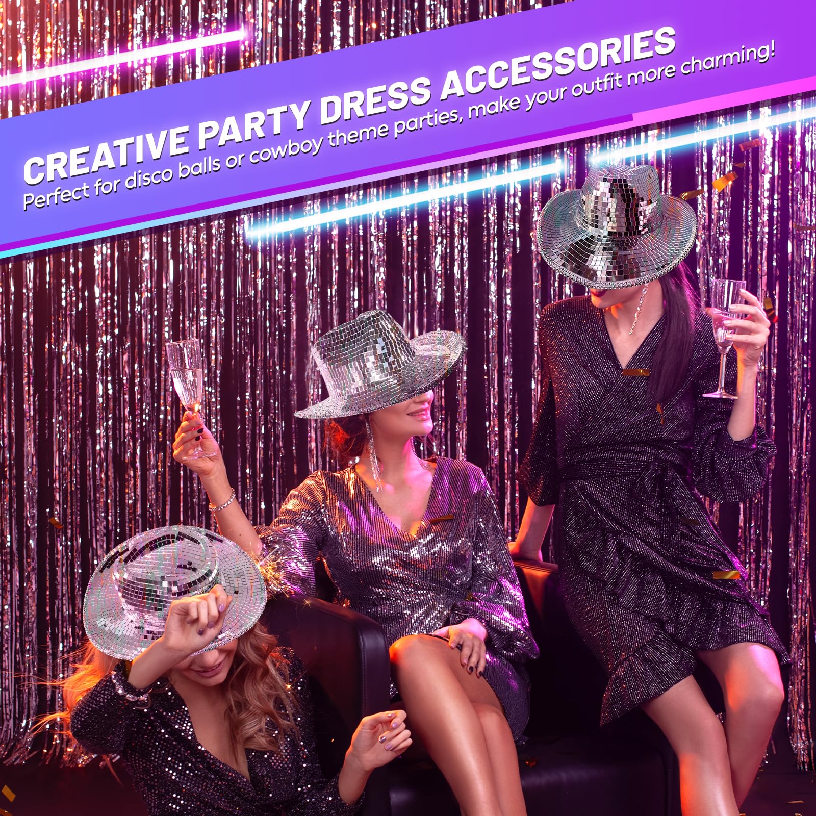 MYCENSE Mirror Ball Cowboy Hat Disco Cap Birthday Supplies Sequin Stylish Cowgirl Hat Disco Ball Hat for Girls Boys Adults Wedding Cosplay Nightclub