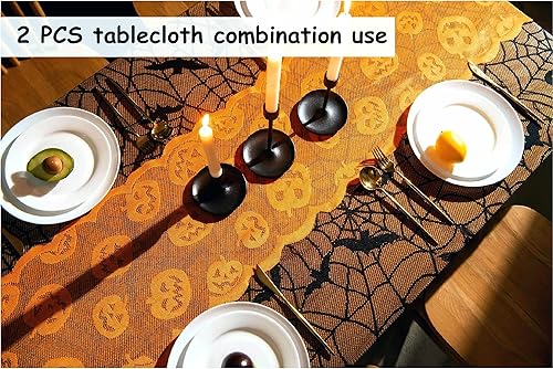 Miniatura 2 de IXI Juego de 2 manteles de encaje con diseño de telaraña de Halloween, diseño de farol de calabaza, decoración de fiesta de Halloween, tres métodos