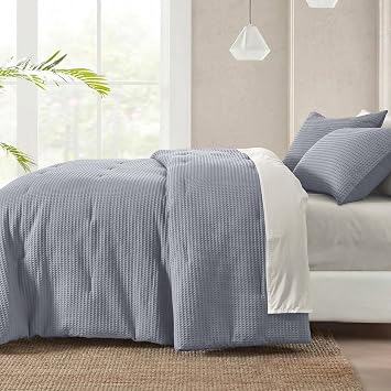 Wonderful - Slate Blue Waffle Weave Comforter Set Queen, 3-Piece Cotton Face Anti-Snag Bedding, Coastal Farmhouse Pet-Friendly All-Season Bedding Set