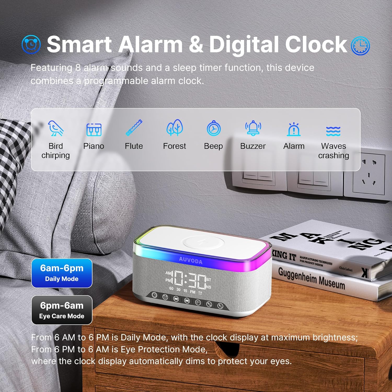 S300 10W Stereo Portable Bluetooth Speaker with 15W Fast Wireless Charging, 13-Color Dimmable Night Light, White Noise, Alarm, FM Radio, BT5.3, TWS, for Home, Office, Bedroom (White) 7 91fy8JSXJQL. AC SL1500