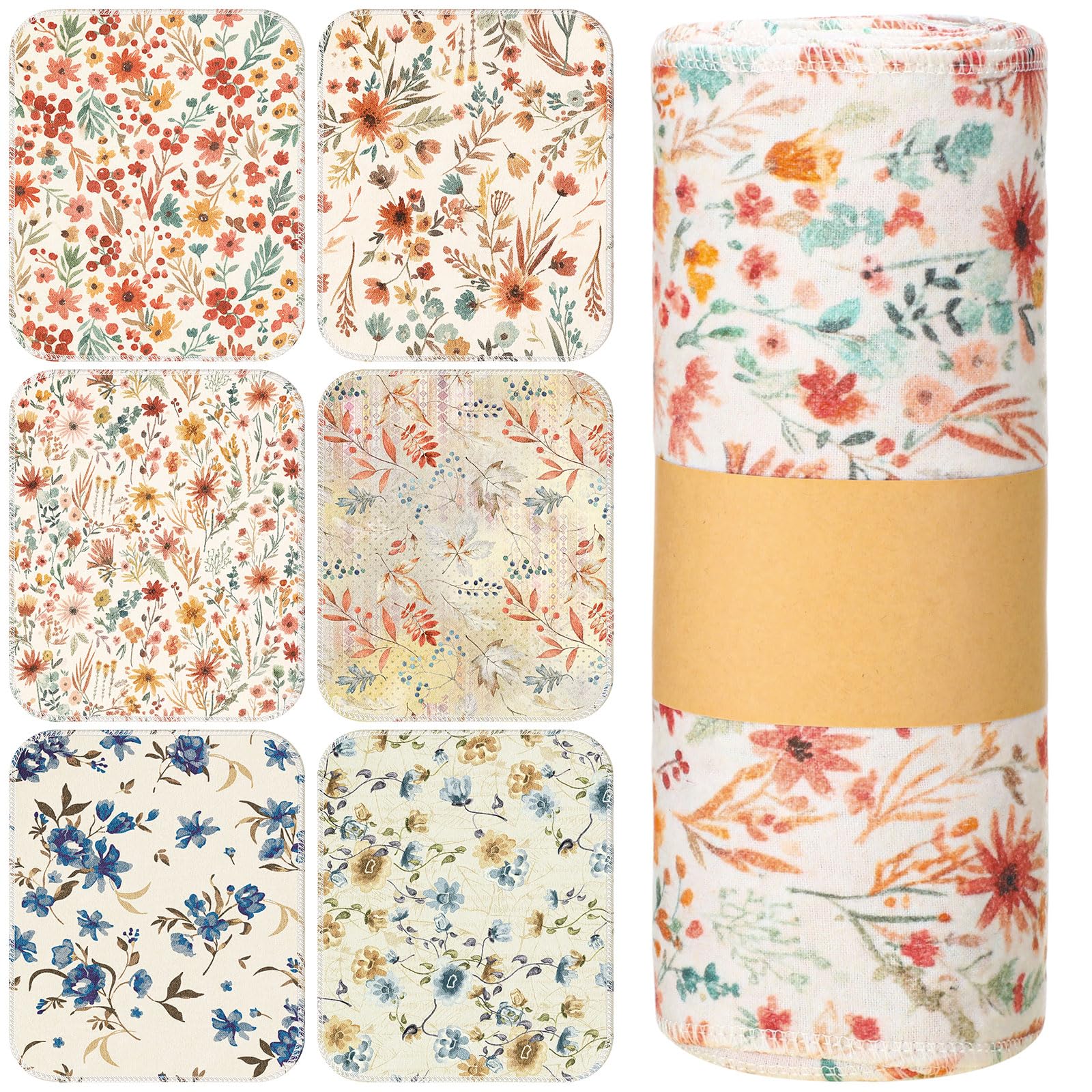 Redbaker 30 Pcs Reusable Paper Towels Rolls Towels Bulk Kitchen Washable Paperless Cloth Cotton Hand Napkins with Cardboard Reusable Napkins for Kitchen Bathroom (Vintage Flower)