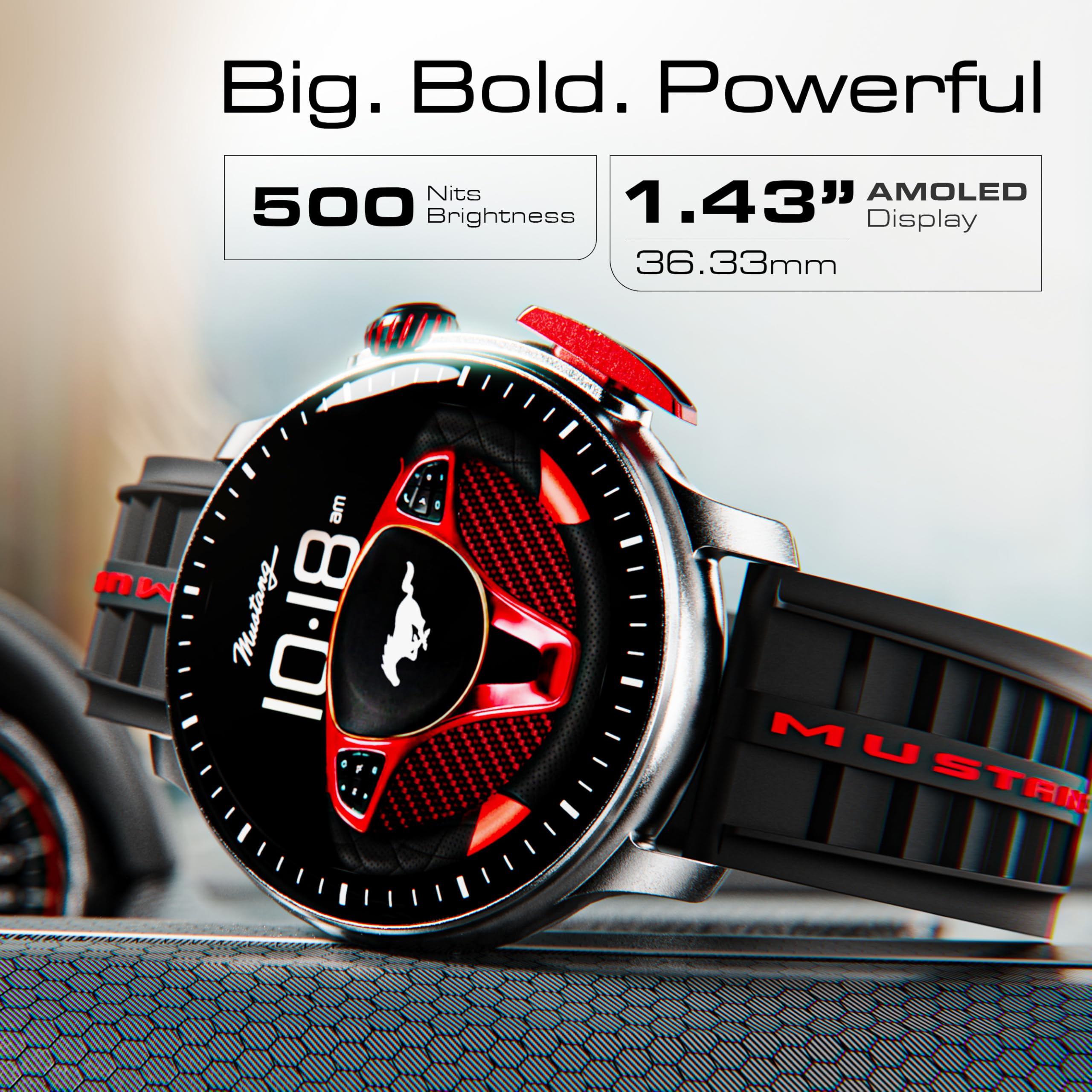 GOBOULT Mustang Racer Smart Watch 1.43'' AMOLED Display, Rotating Bezel, BT Calling, 150+Watchfaces, 500 Nits Brightness, AI Voice Assistant, SpO2 Monitoring, 120+ Sports Mode (Black Blaze) — Amazon image 5