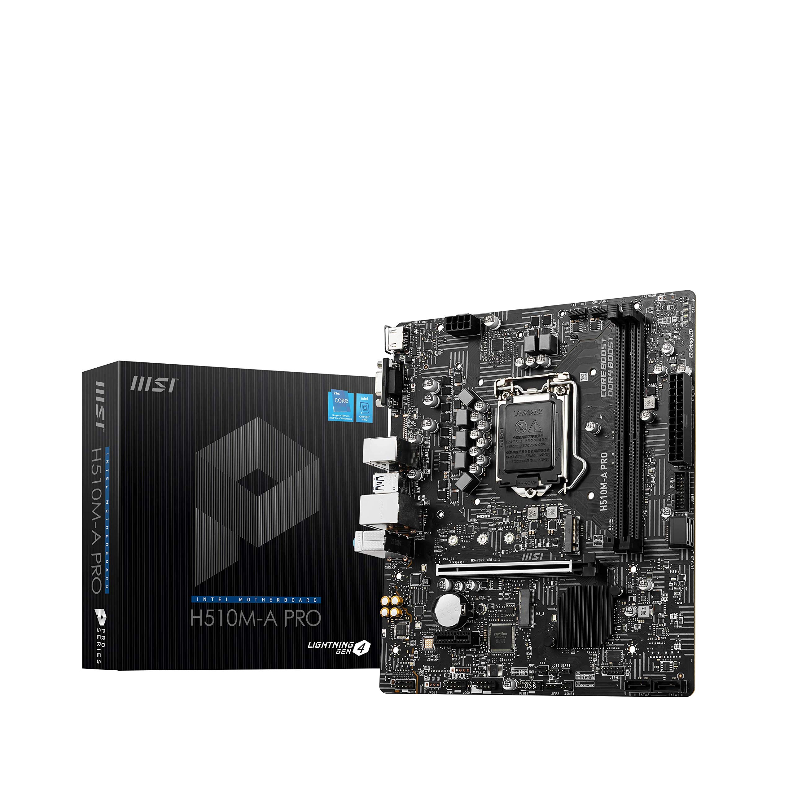 MSI H510M-A PRO Motherboard, Micro-ATX - Supports 11th Gen Intel Core Processors, LGA 1200-2 X DIMMs (3200Mhz), 1 X Pcie 4.0 X16, 1 X M.2 Gen3, USB 3.2 Gen1, 1G LAN, HDMI 2.0B