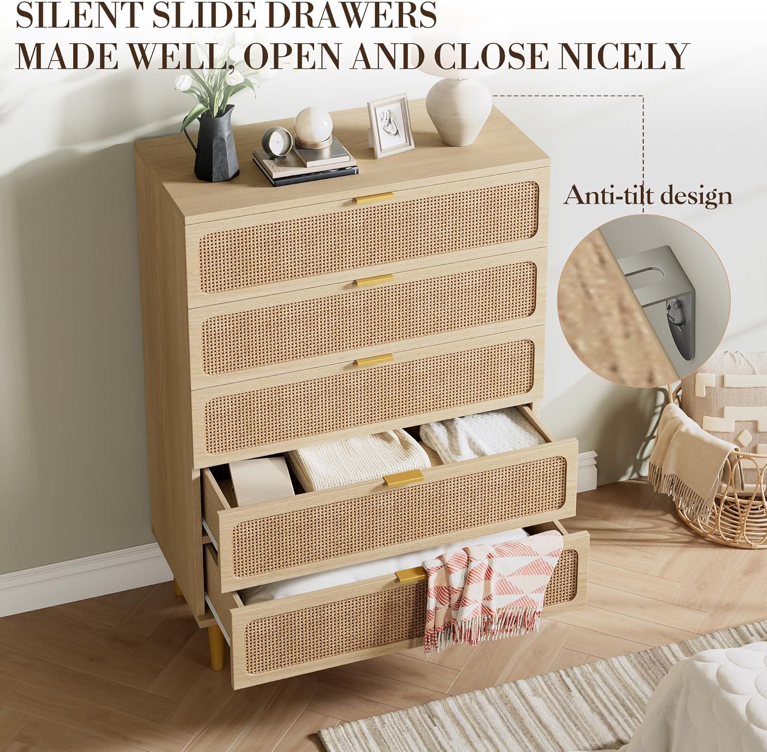 Garvee Rattan Dresser with 5 Drawers, Tall Modern Closet with Deep Storage, Large Chest of Drawers with Wide Top, Long Wooden Dresser for Bedroom, Living Room, Hallway, Kids Room, Natural