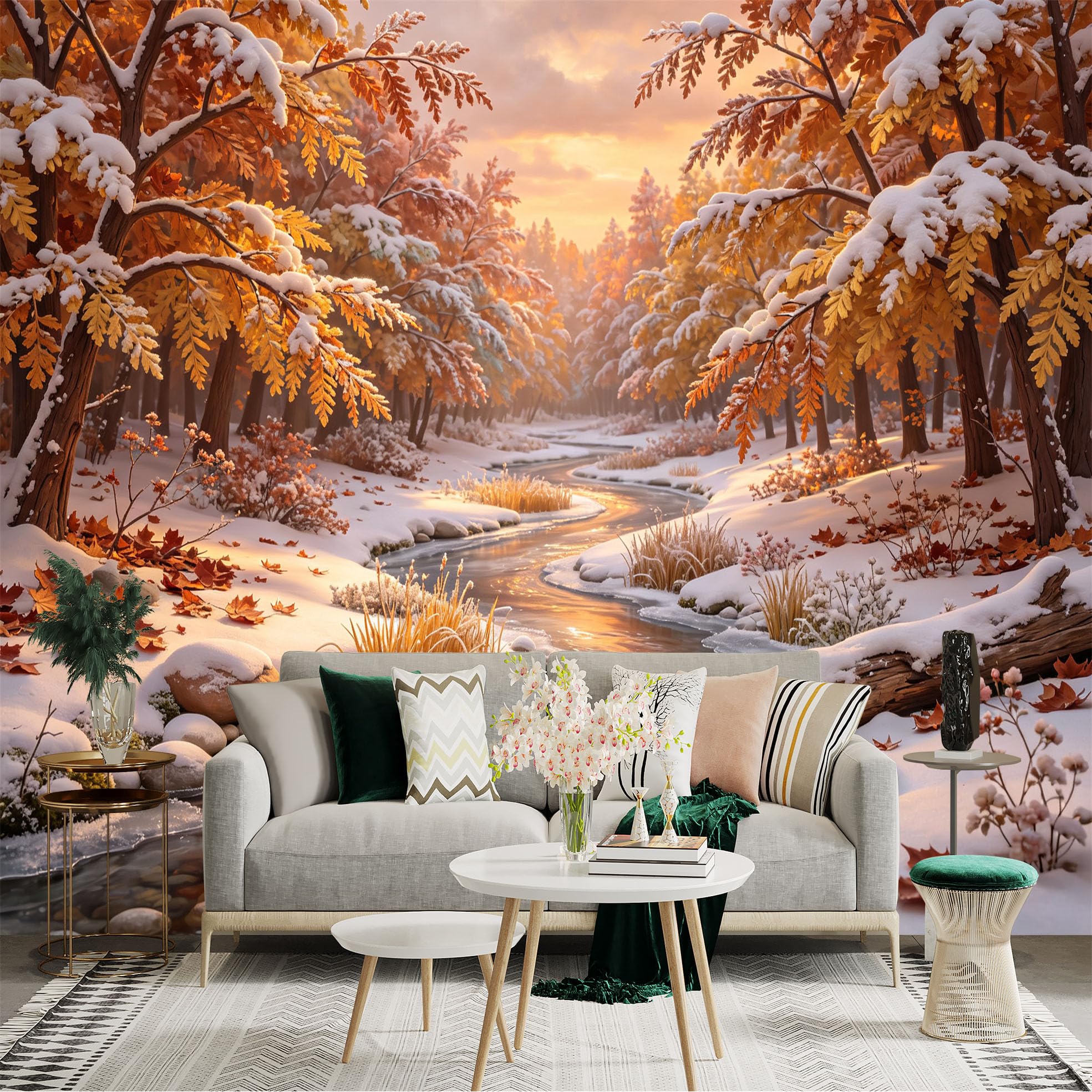 Lnzczhyre Bh260719378 Custom Size Wall Sticker Mural， Snowy Forest Creek， Autumn Leaves In Winter， Scenic River Landscape， Peaceful Nature Scenery， For Wall Decoration， Peelandstick Wall Decals.