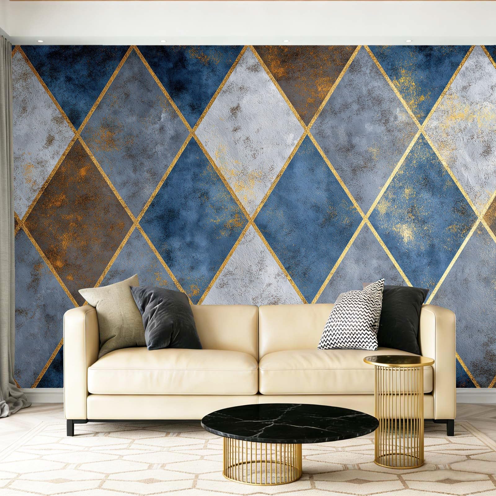 Tapeta 3D z włókniny geometryczna romb patchwork 400 x 280 cm tapeta dekoracja ścienna do salonu sypialnia niebieska