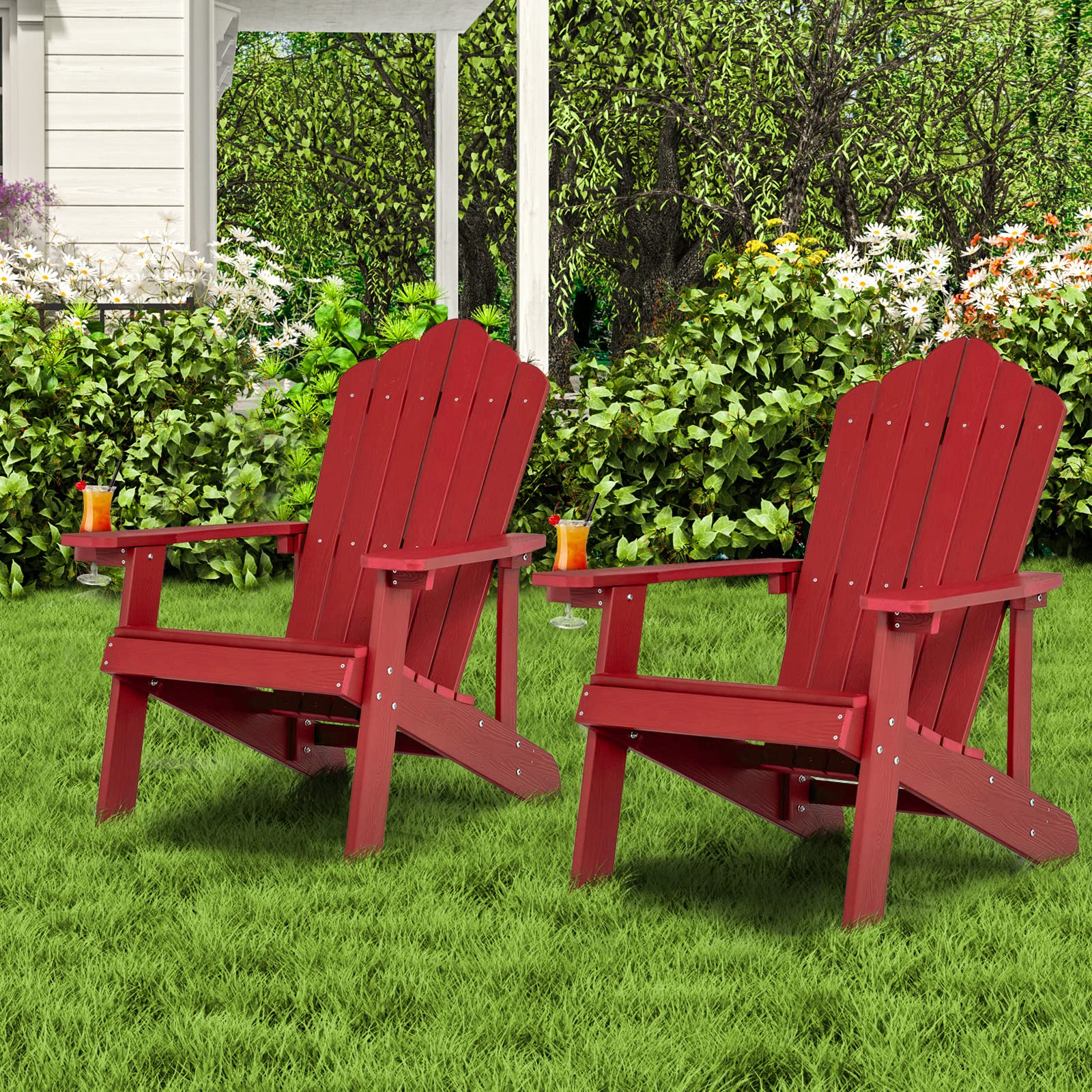 COSTWAY Adirondack Stuhl mit Getränkehalter, wetterfester Gartenstuhl, Gartensessel aus Kunststoff, Outdoor-Stuhl für Garten, Terrasse, 170 kg Tragfähigkeit (Rot)