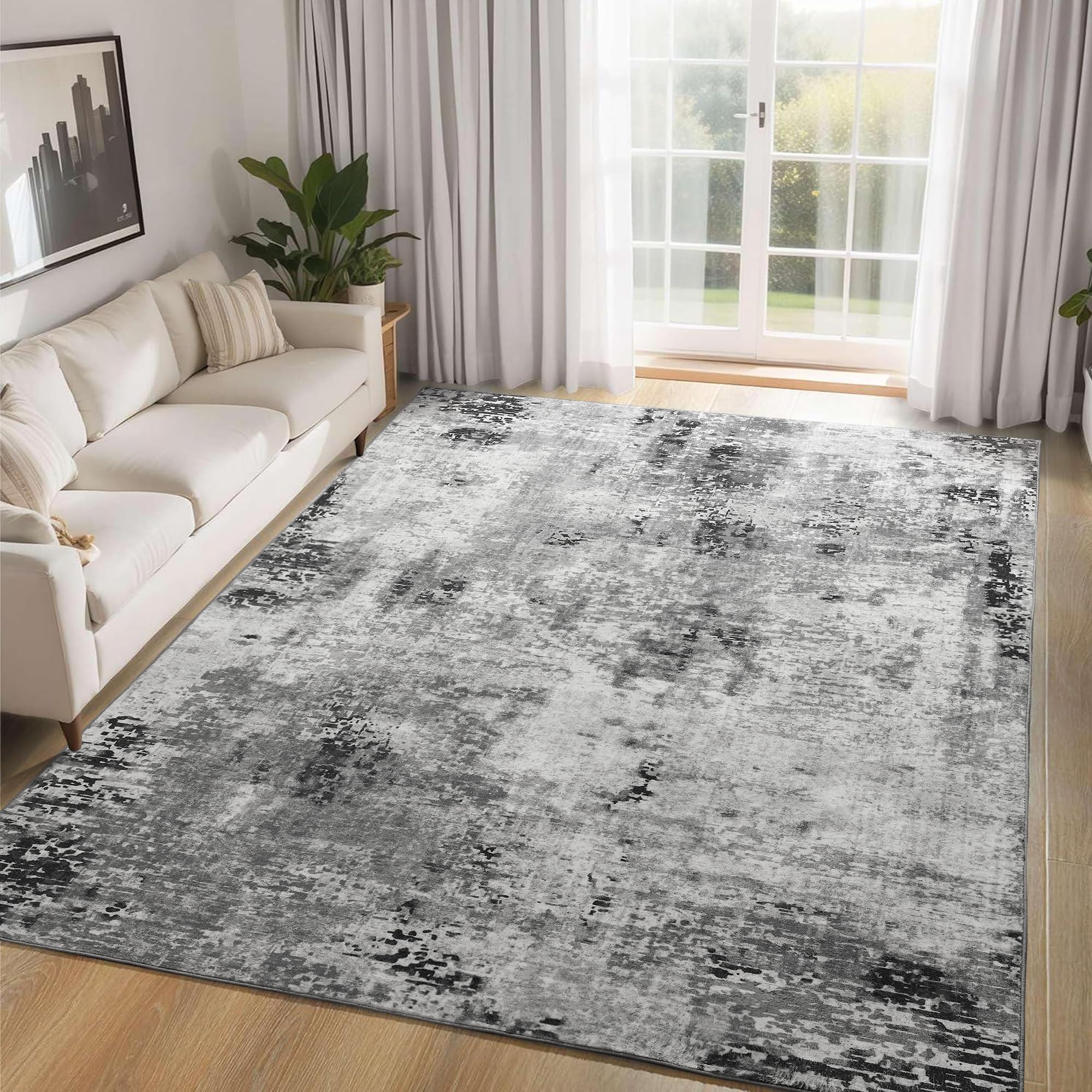 Ompaa Living Room Rug 5x8 Gray Area Rug Machine Washable Boho Rug Non Slip Abstract Vintage Indoor Large Rugs for Bedroom, Classroom, College Dorm, Farmhouse, Dining Room, Kids Playroom — image 1