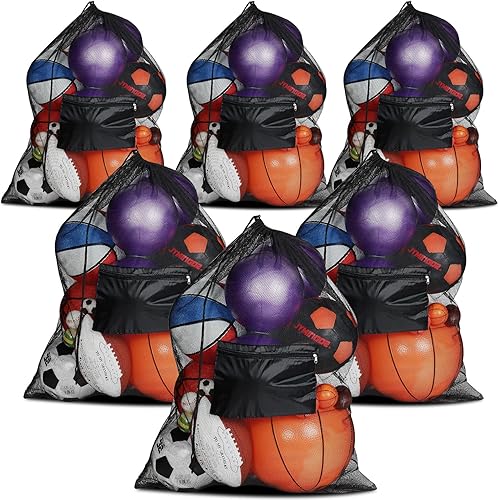 Riakrum 6 bolsas de pelotas deportivas extra grandes de malla para almacenamiento de pelotas de fútbol, bolsas con cordón y bolsillo, bolsa de
