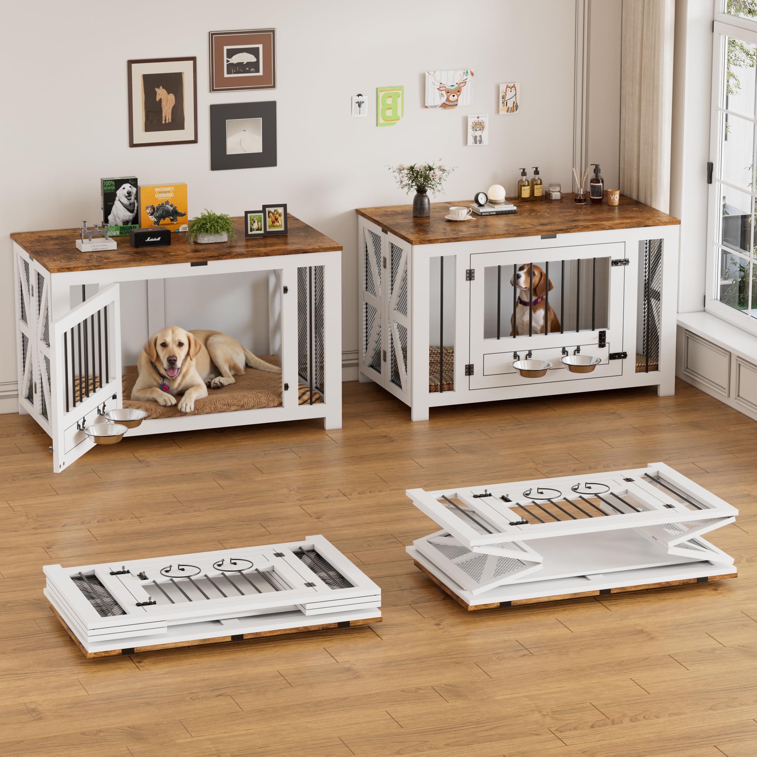 Hundekäfig Möbel,105 cm Hundebox 2Futternäpfe,1Türen,Moderne Hundekäfig Indoor für Klein/Mittele/Große Hunde,Gitterbox HundFaltbar aus Holz,Beistelltisch,Tür mit Riegel,105 × 58 × 65,6 cm,Weiß Braun
