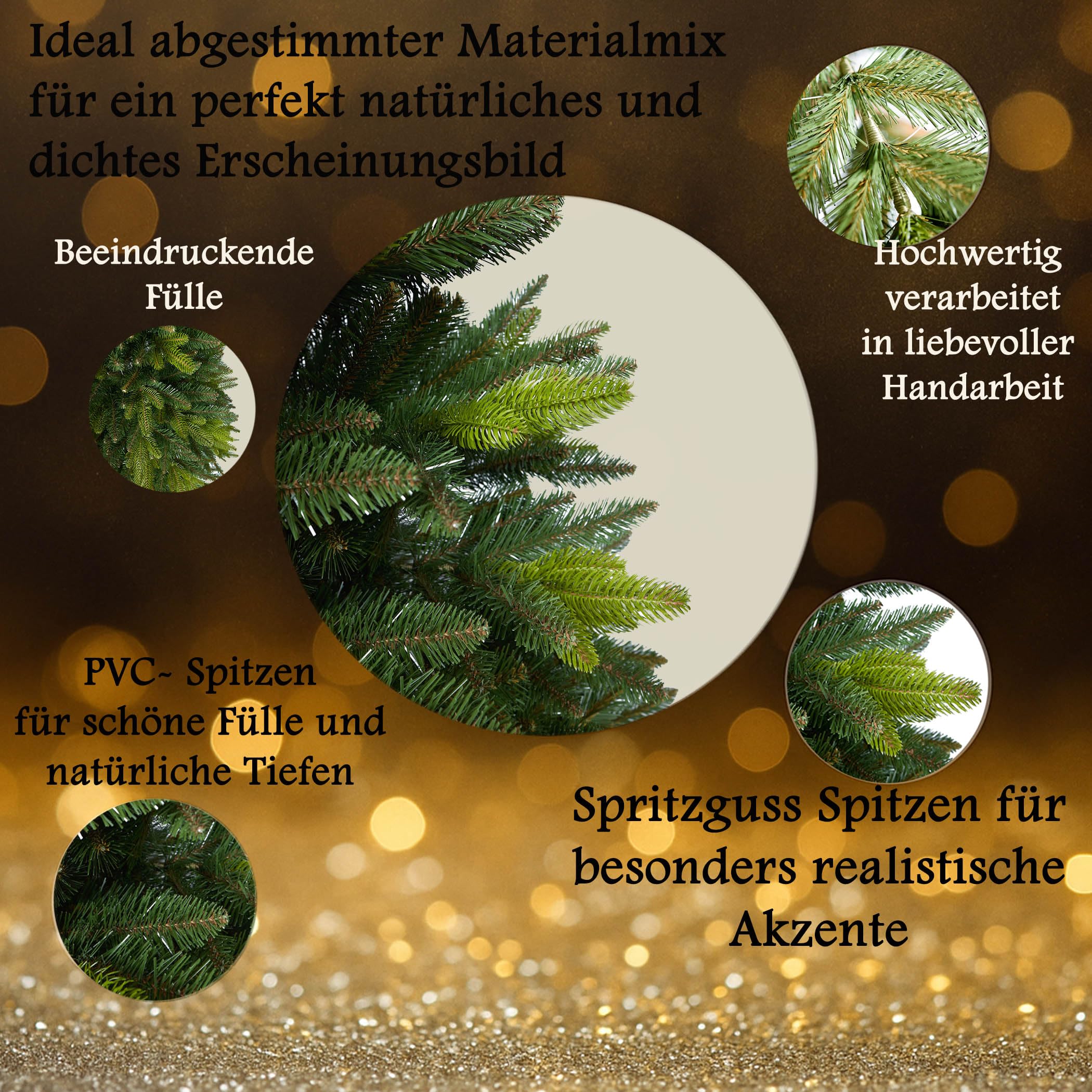 Premium Weihnachtsbaum künstlich-180cm-handgefertigt Naturgetreu dichte Zweige Weihnachtsbaum mit massivem Echtholzständer–Tannenbaum künstlich Christbaum mit Spritzgusselementen (1,80 m)
