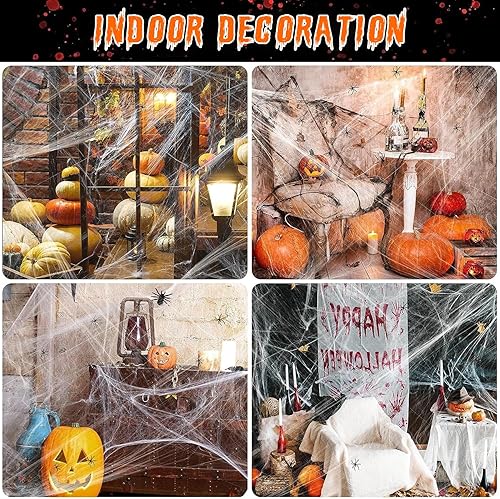 Miniatura 6 de Telaraña de Halloween de 1500 pies cuadrados con 60 arañas falsas extra, telarañas falsas superelásticas, telarañas blancas espeluznantes,