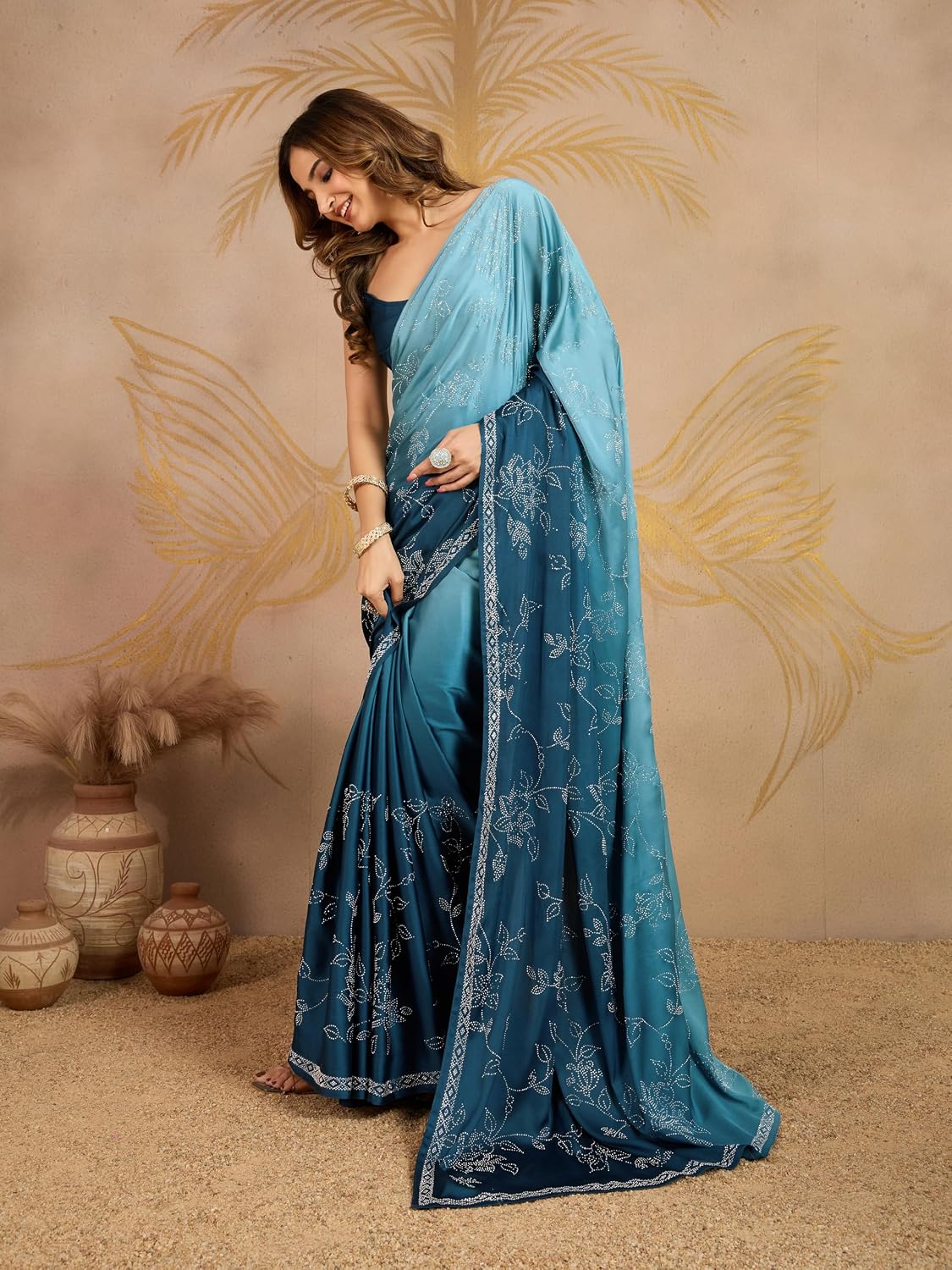 TRENDMALLS Women's Satin Siroski Work Ombre Pattern Dual Shade Saree with Unstitch Blouse Piece (K1243-Morpeach)