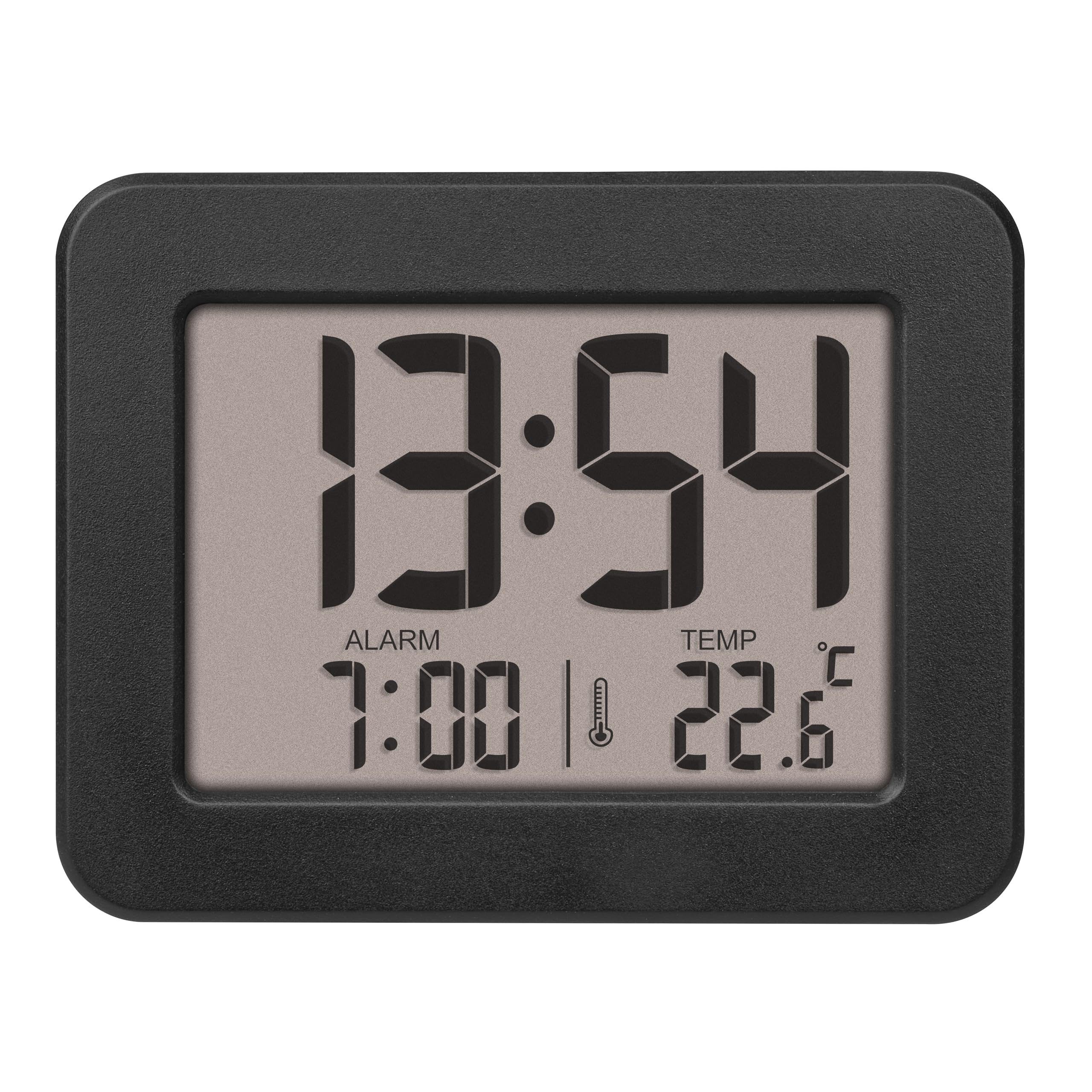 TFA Dostmann Mini sveglia digitale da comodino, 60.2044.01, orologio da tavolo, a batteria, con data e termometro interno, sveglia da viaggio, piccolo, nero