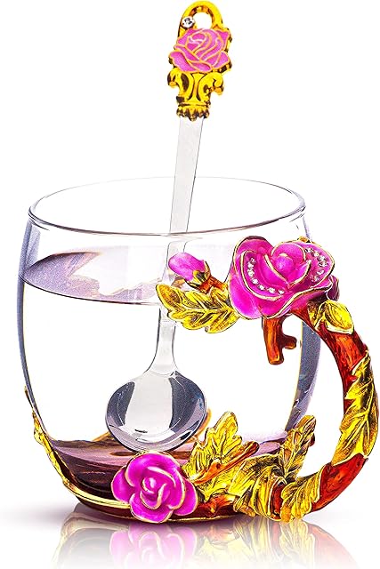 INTIGNIS Glass Mugs Coffee Tea Cup with Spoon Set, Decorated Enamel Flowers Gifts for Mum Teacher Christmas Birthday Friends Gift for Mum Valentines Day - Gift Box (Pink)