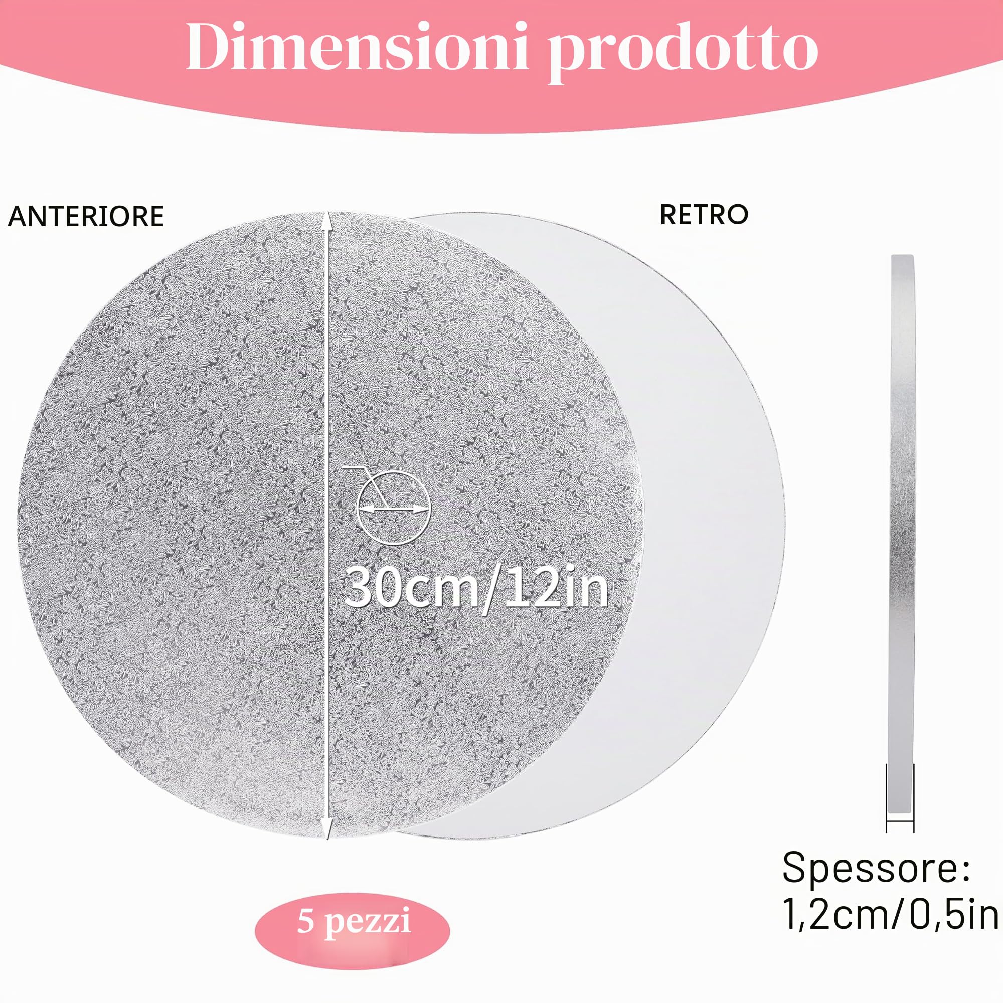 Sottotorta Tondo Cake Board 12 mm - Ø 30 cm - Argento - 5 Pezzi Cake Drum Rotondo, Vassoio Torta in Cartone, Riutilizzabili Base Torta Rivestita per Decorazione, Matrimoni, Compleanno