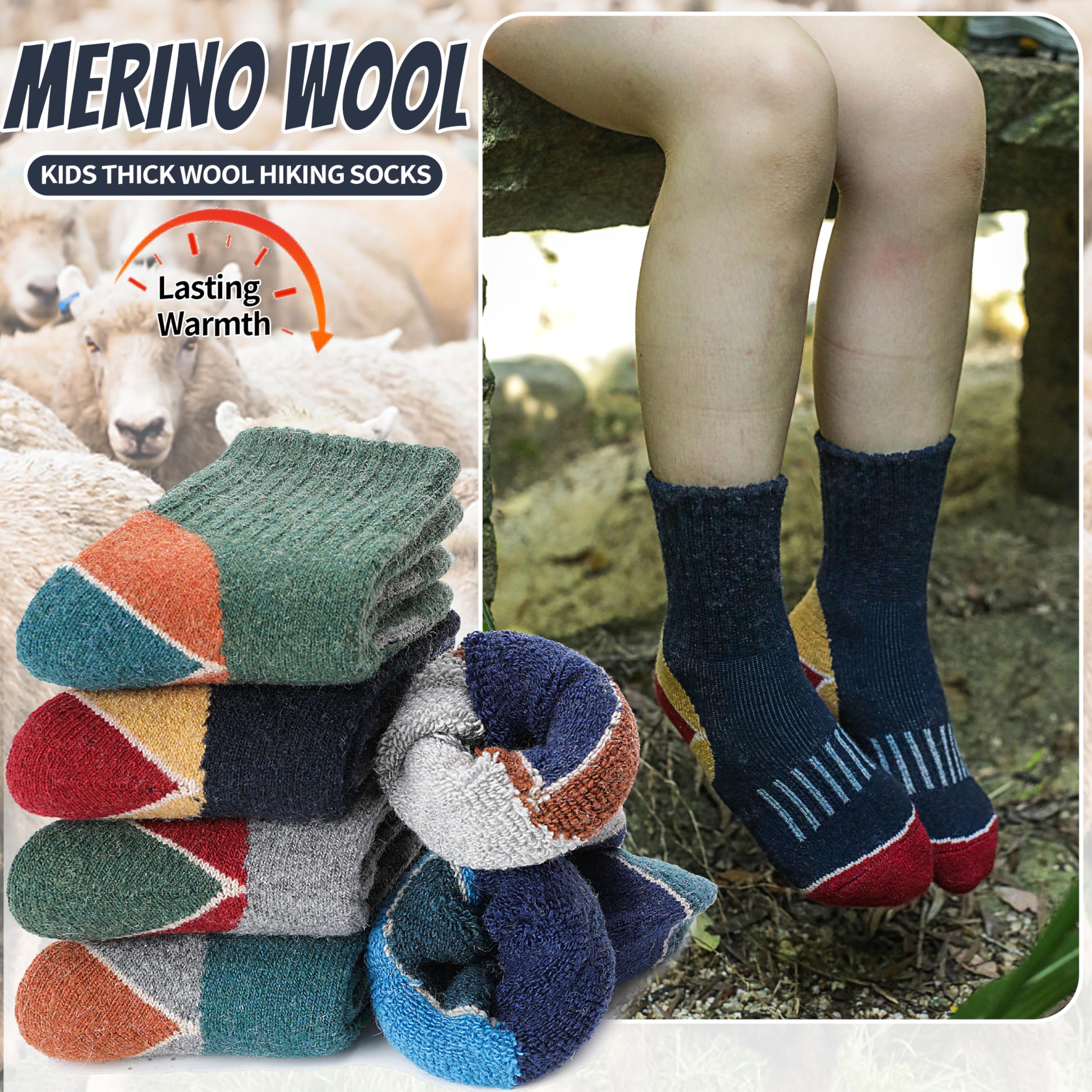 EBMORE Chaussettes Enfants Laine Mérinos, Randonnée, Sport, Hiver, Noël, Cadeaux, 6 Paires