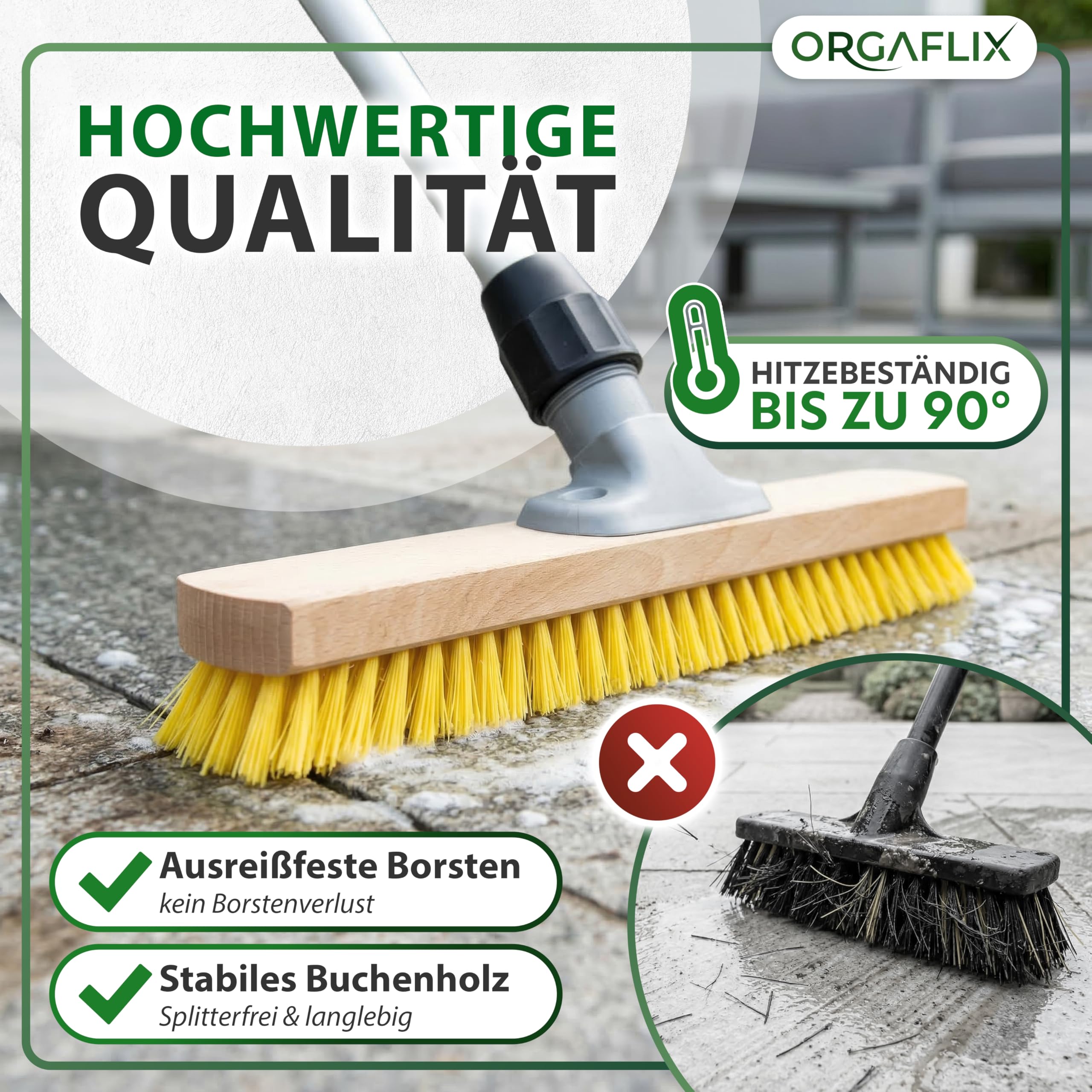 ORGAFLIX Profi Schrubber Set 3-teilig mit Stiel, Bodenschrubber 40 cm, Schrubber 22 cm, Scheuerbürste