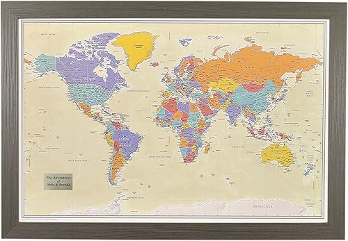 Vista 54 de Lienzo - Mapa de viaje personalizado Tan Oceans World Push Pin con marco negro