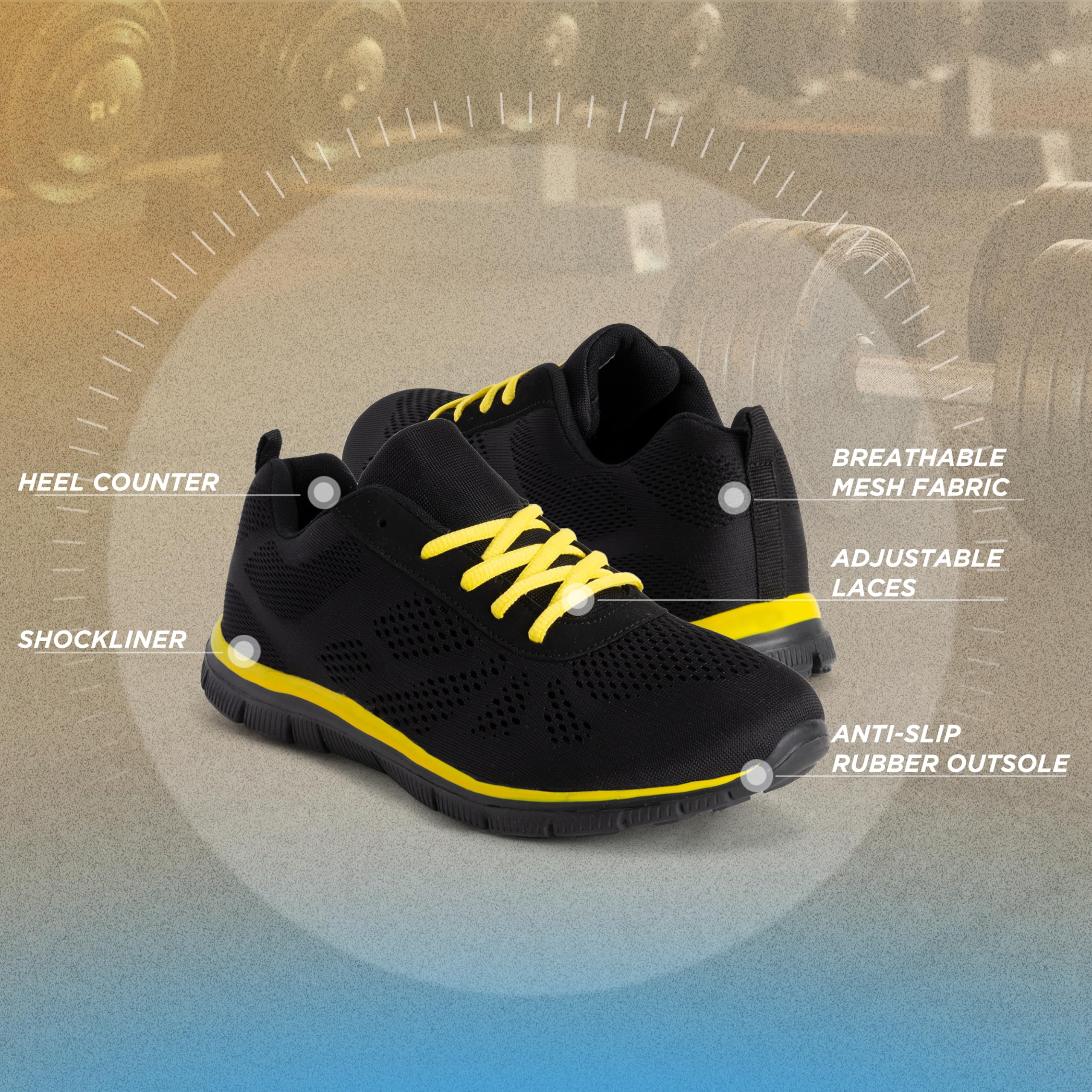 Get Fit Women’s Lightweight Trainers - Breathable Mesh Gym Walking Shoes - Comfortable Lace-Up Fitness Sneakers, Flexible Non-Slip Sole - Black/Yellow - UK5/EU38