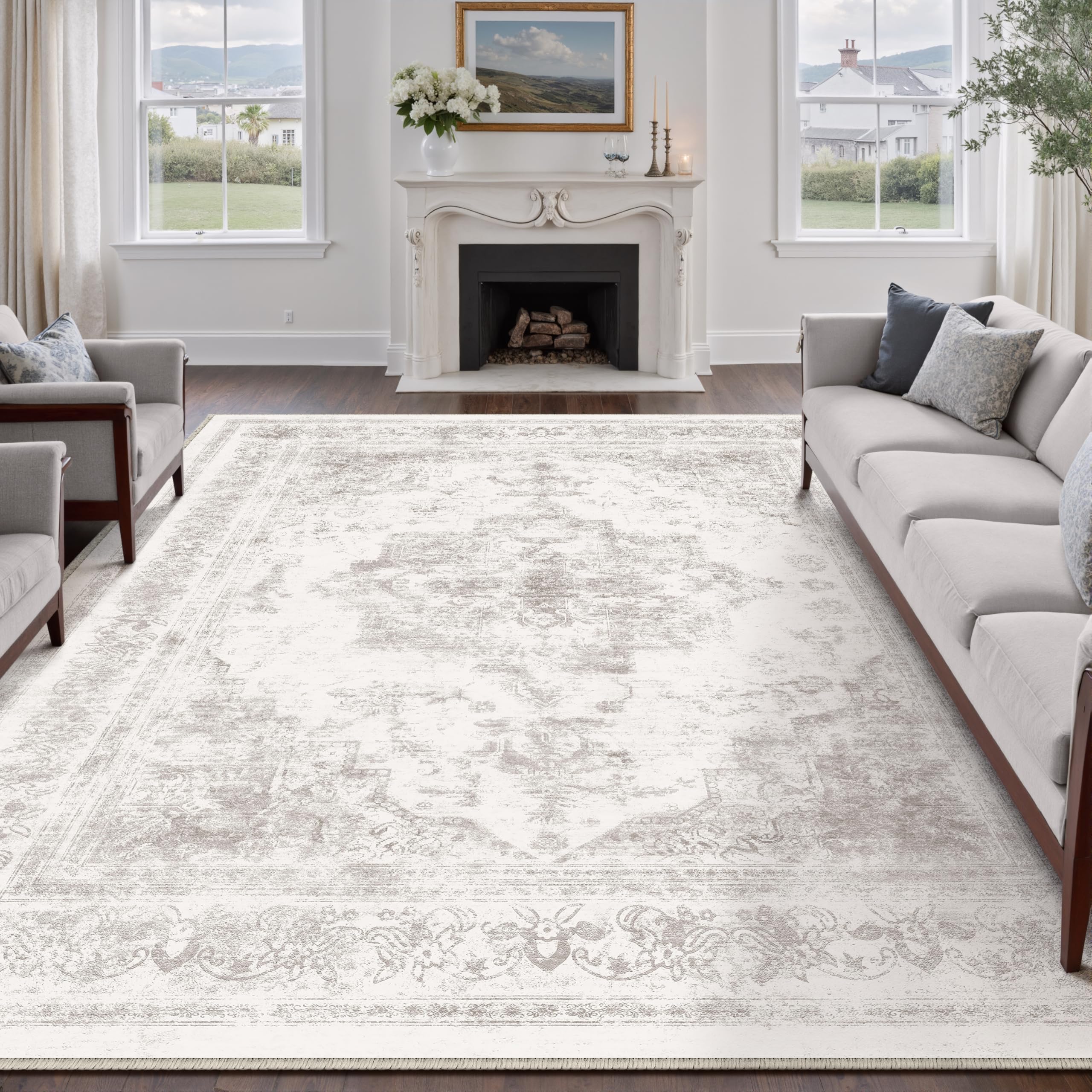 HUGEAR Vintage Tappeto Salotto Grigio Tappeti 240x300cm Soggiorno Antiscivolo Lavabile in Lavatrice Tapette Camera da Letto Sala Ufficio Bambina Bambino Pelo Corto Grande Carpet