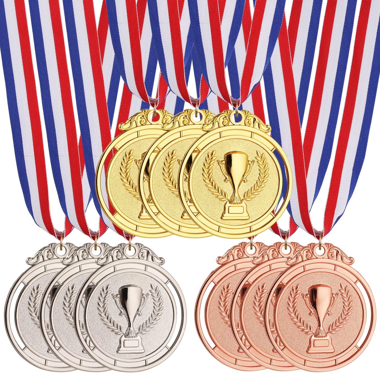 9 Piezas Ganador Medallas de Metal, Medallas de Oro Medallas de Plata Medallas de Bronce con Cintas para decoración de Fiestas Infantiles y premios Deportivos, Día del Deporte Escolar 5.0cm