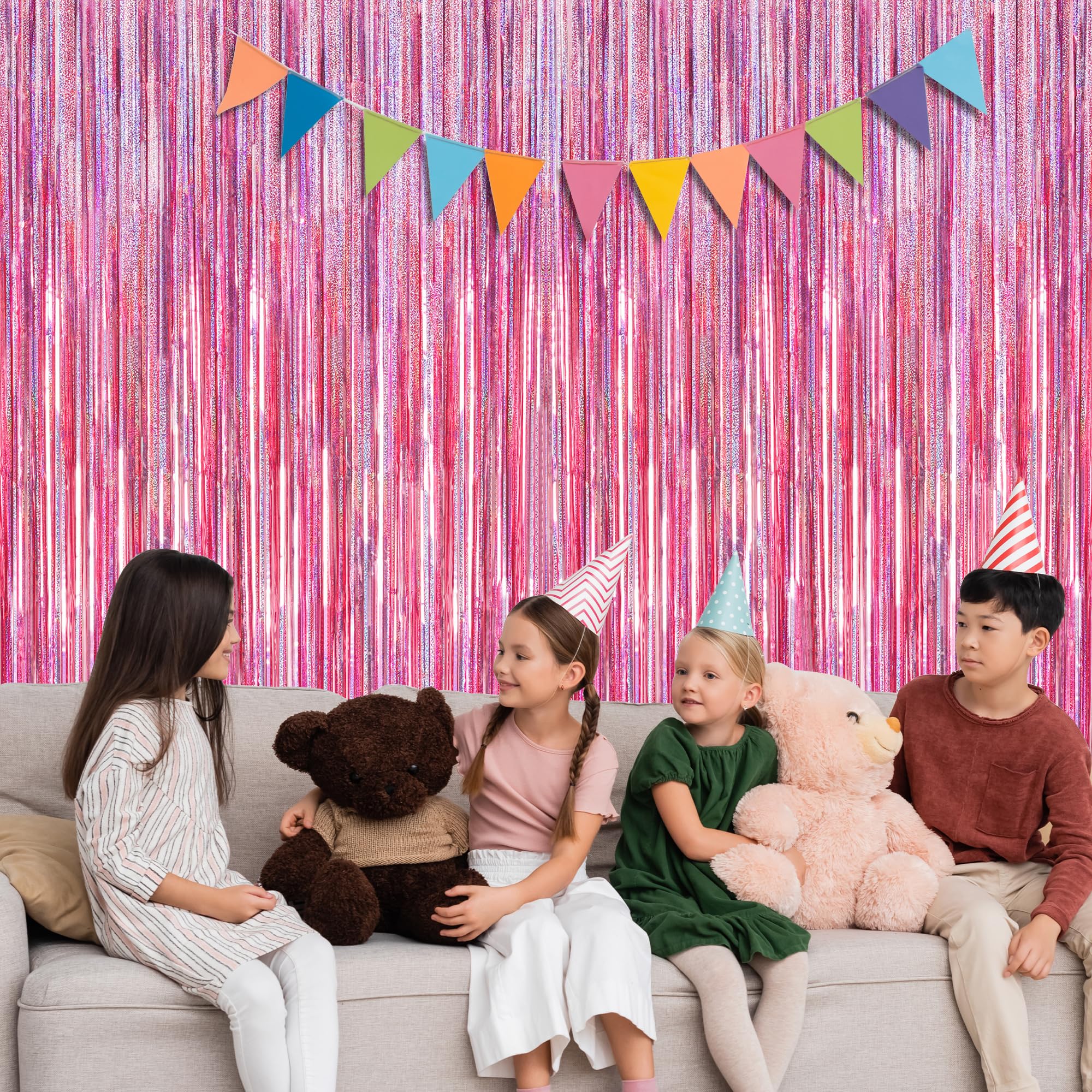 Confezione da 2 sfondi rosa glitterati, decorazioni per feste di compleanno, tende con frange rosa laser, tende con stelle filanti, tende rosa per foto di buon compleanno