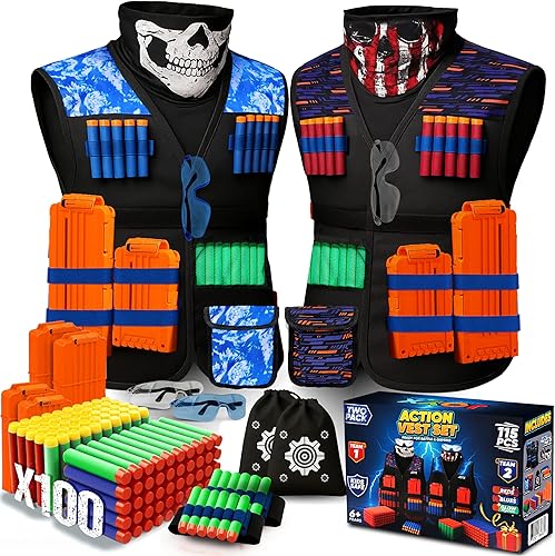 JoyX Paquete de 2 chalecos tácticos para niños, compatible con pistolas Nerf y X-Shot, juego de 116 accesorios de juguete con 2 chalecos, 100 dardos