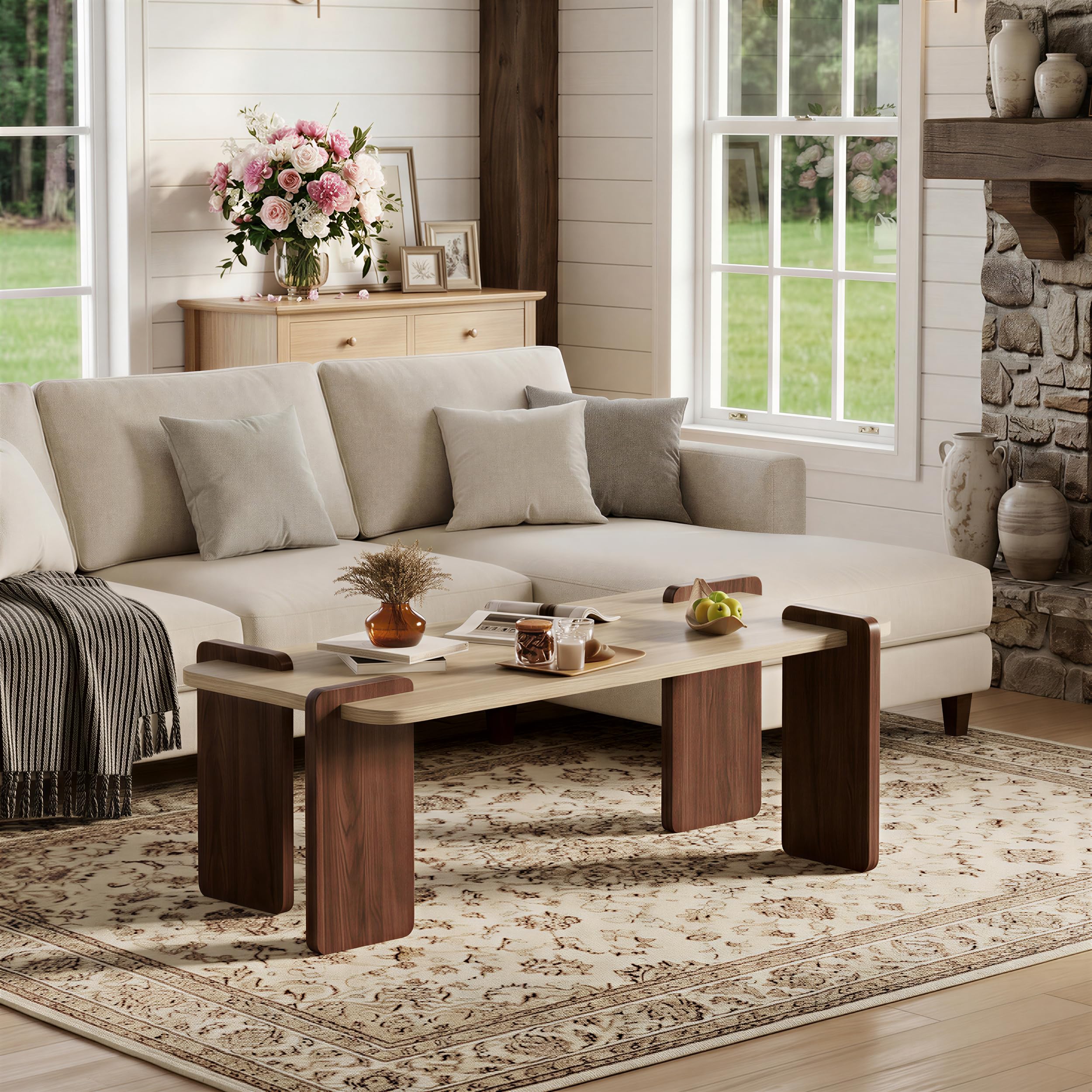 MSFE Table Basse en Travertin,Table Basse Bois Rectangulaire pour Salon,Élégante Table Centrale pour Café ou Thé avec Base Robuste et Coins Arrondis,110 x 40 x 50 cm