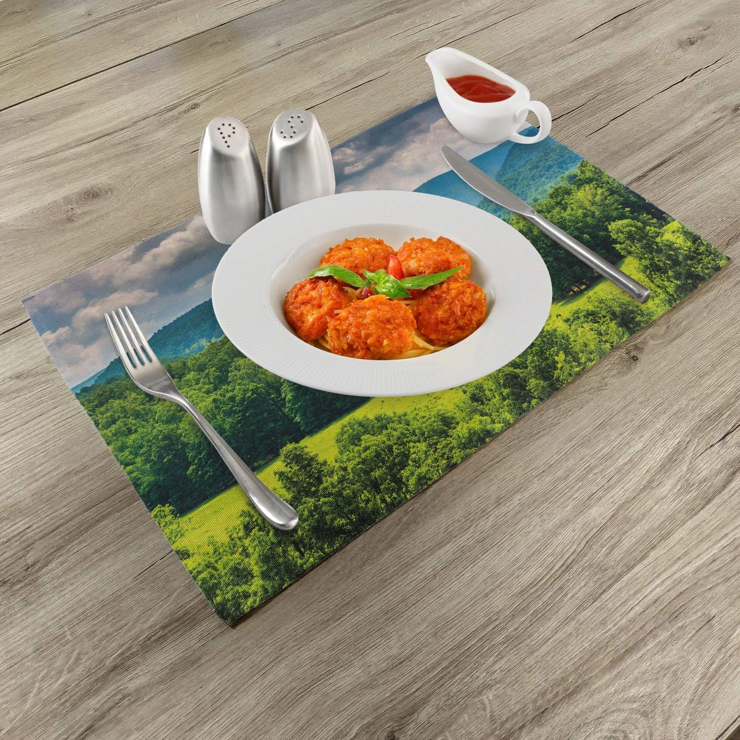 Ambesonne Landscape Place Mats Set of 4, View of Mountains in Potomac Highlands of West Virginia Rural Scenery Picture, Washable Fabric Placemats for Dining Room Kitchen Table Decor, Forrest Green