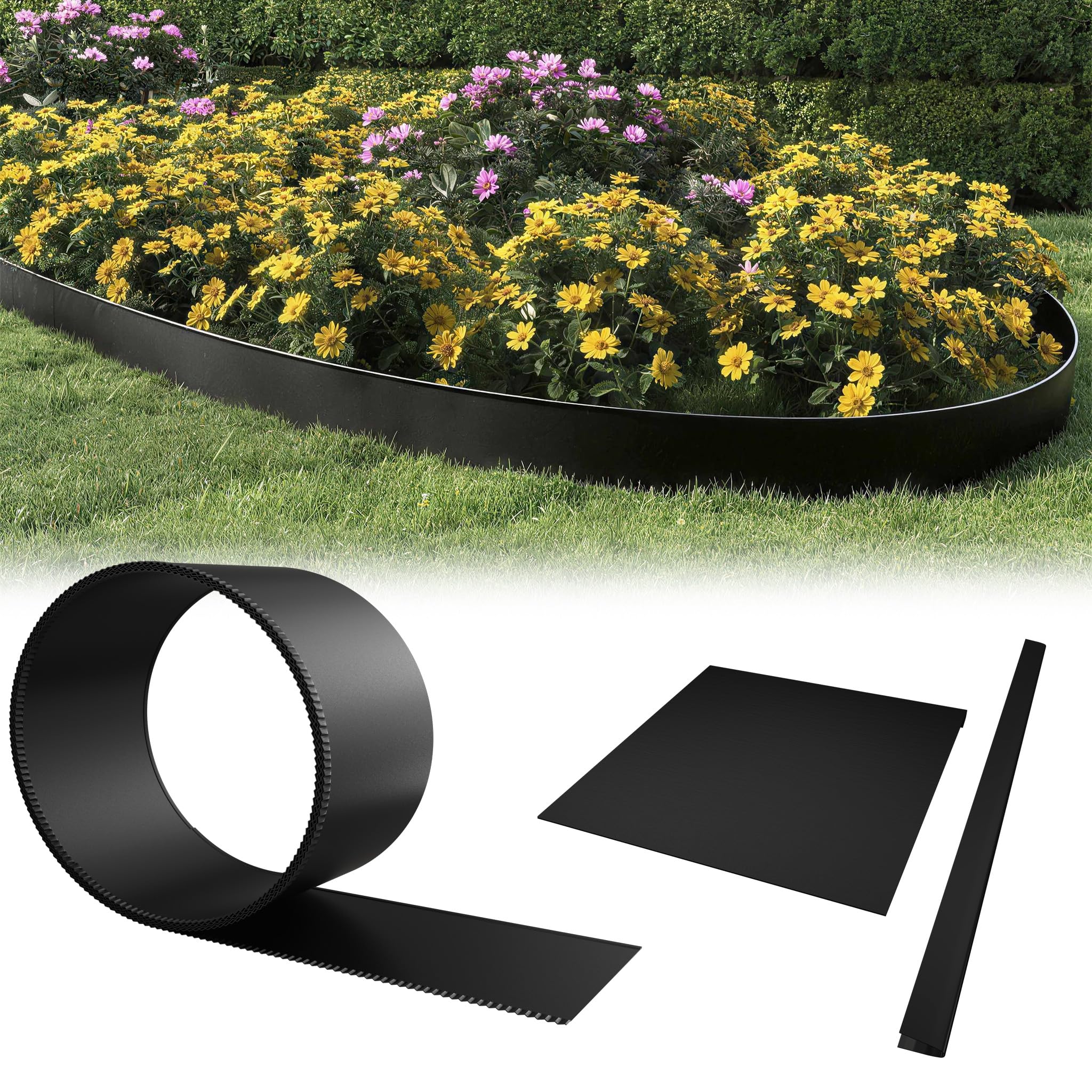 YZNAHRE 5 M x 15 CM Garden Edging Borders, Metal Lawn Edging, Weather Resistance Galvanised Lawn Sheets, Flexible Flower Bed Edging Kit for Yard, Flowerbeds, Grass, Black
