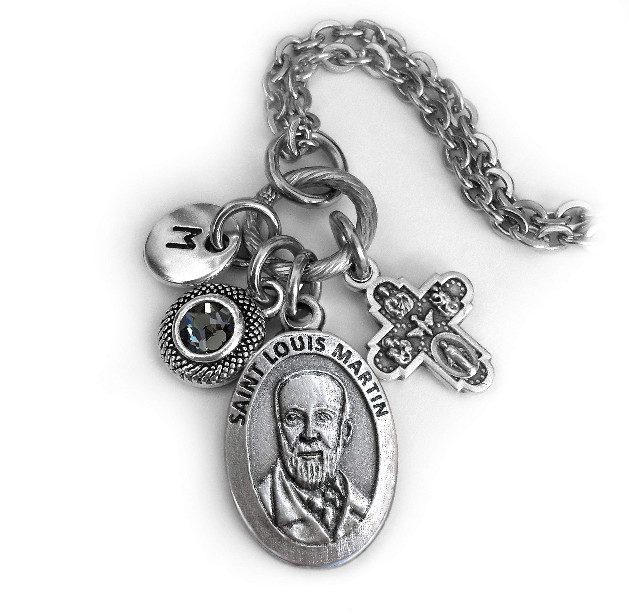St. Louis Martin Necklace, Keychain or Clip, Patron Saint, Zelie Martin, Birthstone Crystal and Initial Charm