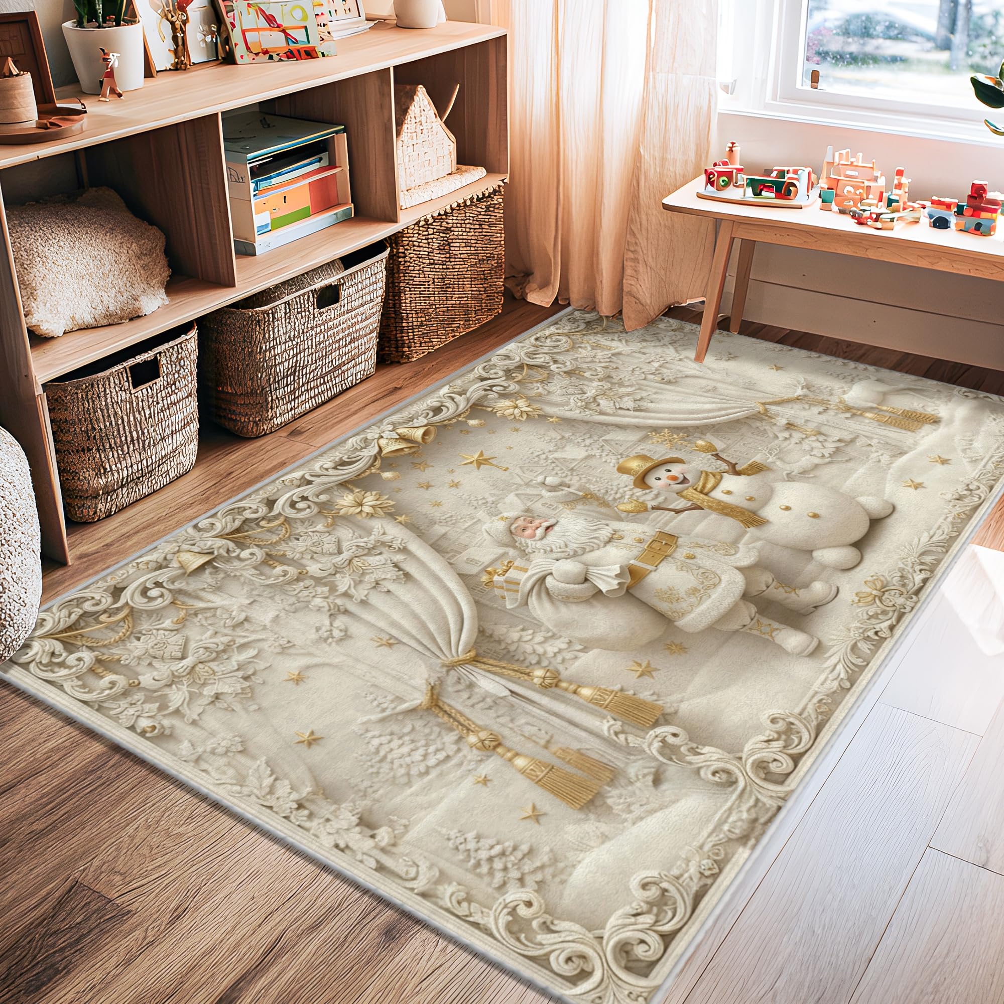 Weihnachtsmann-Teppich, weihnachtliche festliche Schneemann-Vorhänge, Weihnachtsmotiv, rutschfeste Unterseite, rechteckig, fusselfrei, für Wohnzimmer, Schlafzimmer, Küche, Flur, Dekoration, 122 x 150