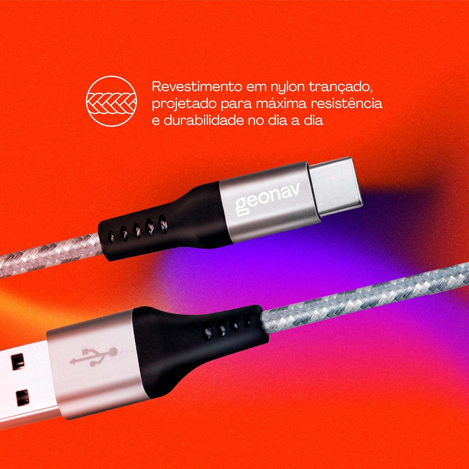 Geonav Cabo USB-C (tipo C) para USB, carregamento rápido, nylon trançado, 1,5MT, UCC06, Cinza/Branco