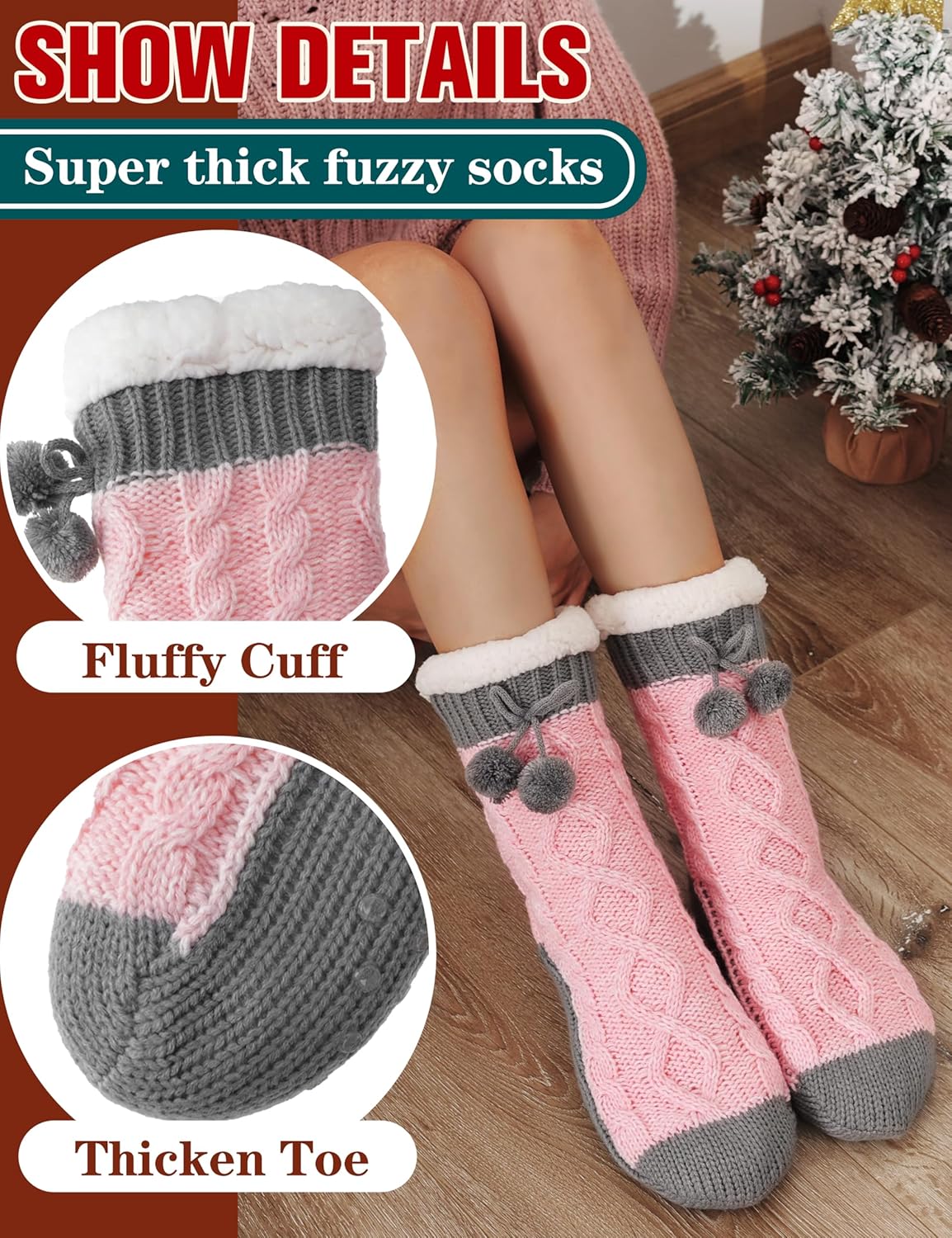 Womens Slipper Fuzzy Grips Socks Fluffy Winter Warm Thick Thermal Cozy Plush Non Slip Cabin Soft Fleece Socks - Image 4