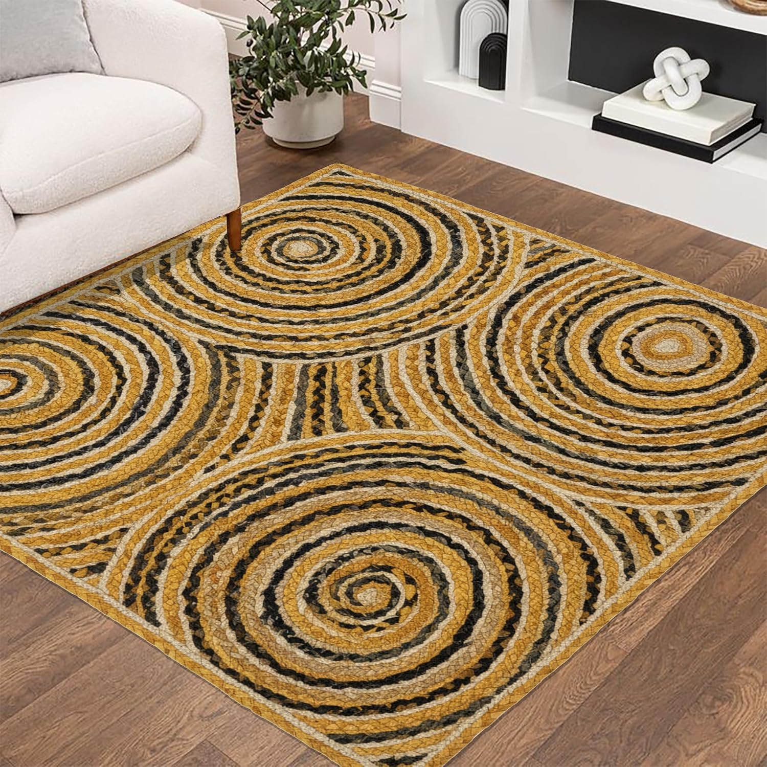 Premium Quality Jute Rug 12x15 Feet Area Rug Natural Fiber Jute Rugs Thick 0.27" Yellow & Black Chindi Geometric Rugs for Living Room Rustic Vintage Bohemian Décor Outdoor Carpet
