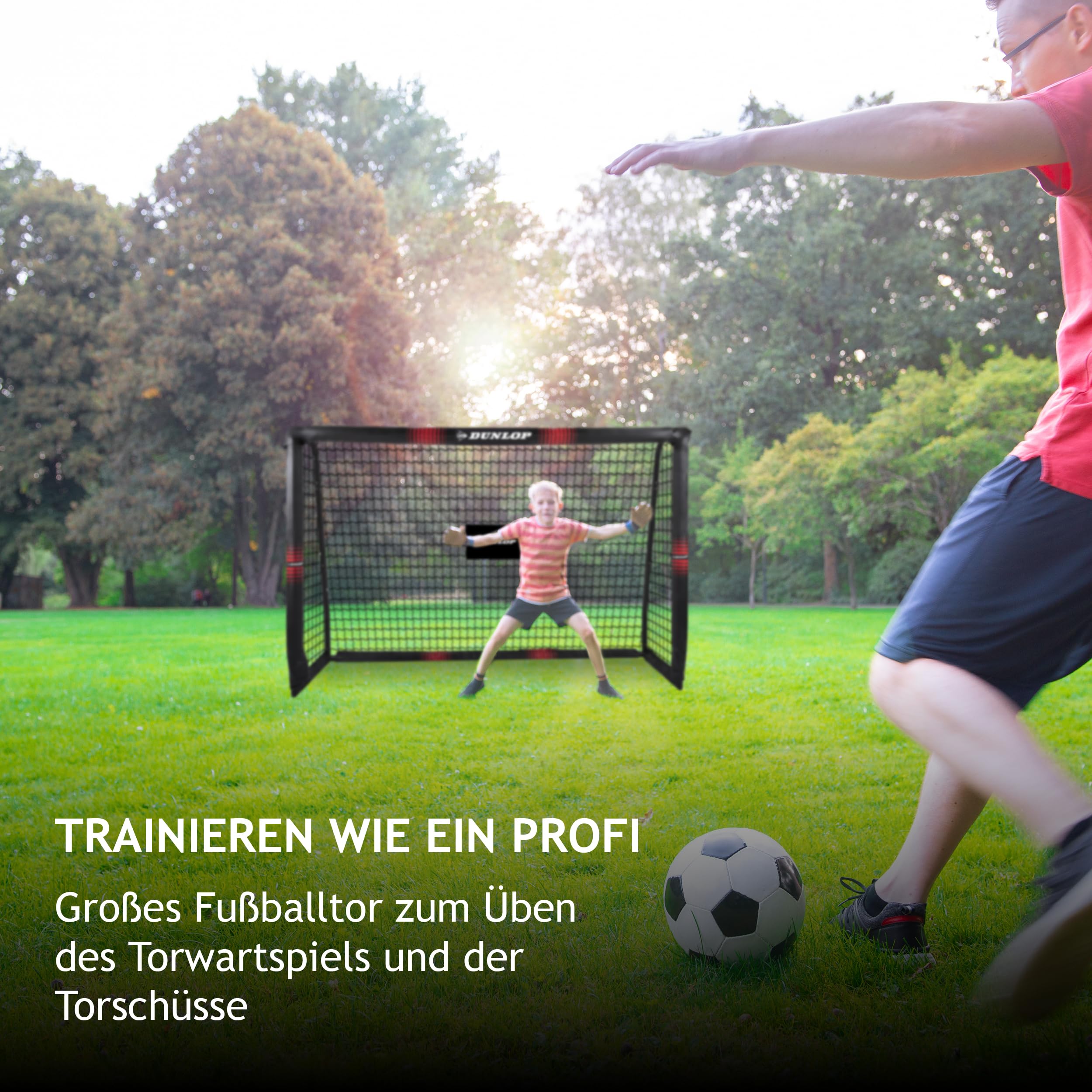 Dunlop Fußballtor - Fussballtor 300 x 200 x 90 cm - Fußball Tor - Fussballtore für Garten Kinder und Erwachsene - Fussball Trainingszubehör Innen und Außen - Metall - Schwarz/Weiß