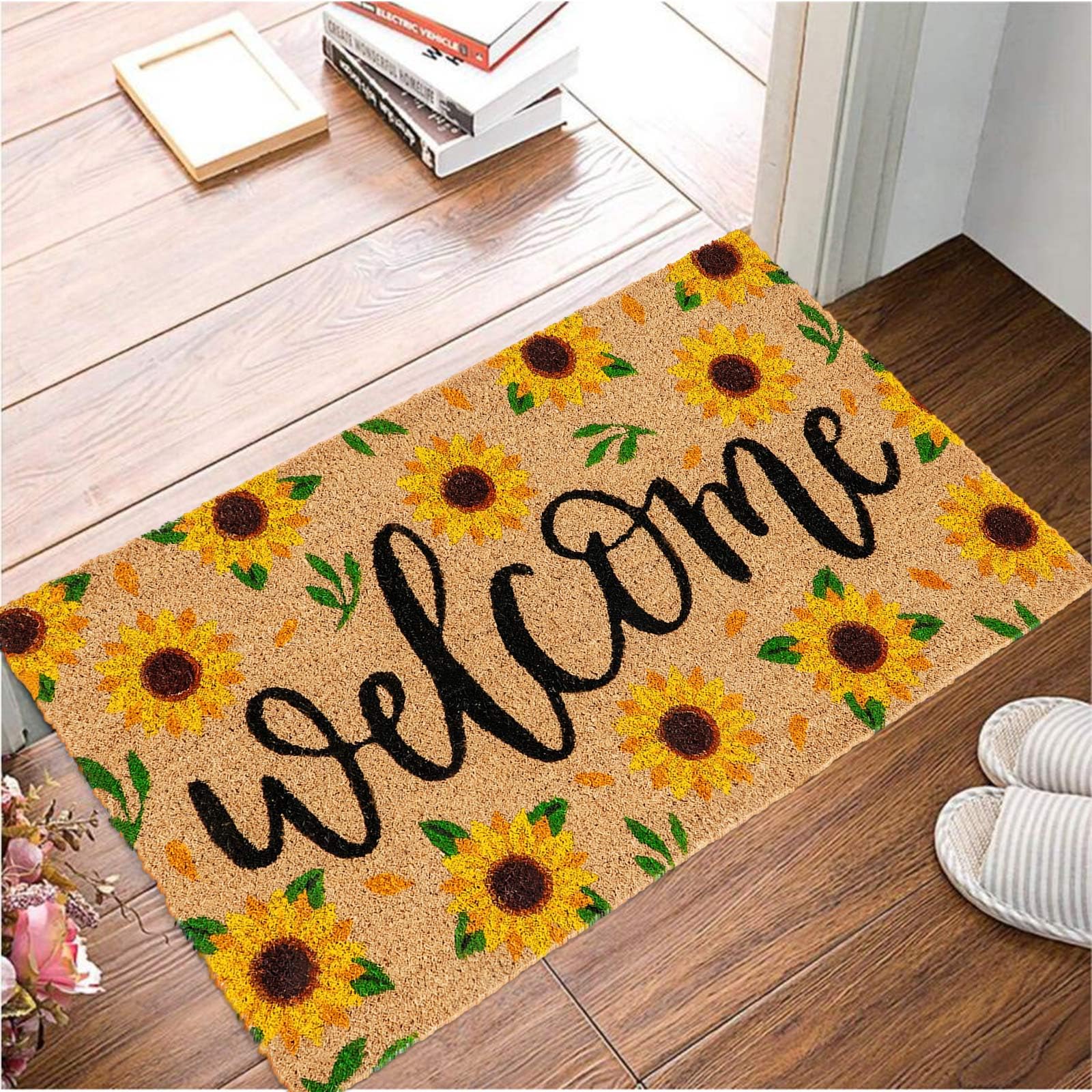 AnyDesign Sunflower Natural Coir Door Mat Spring Summer Welcome Doormat