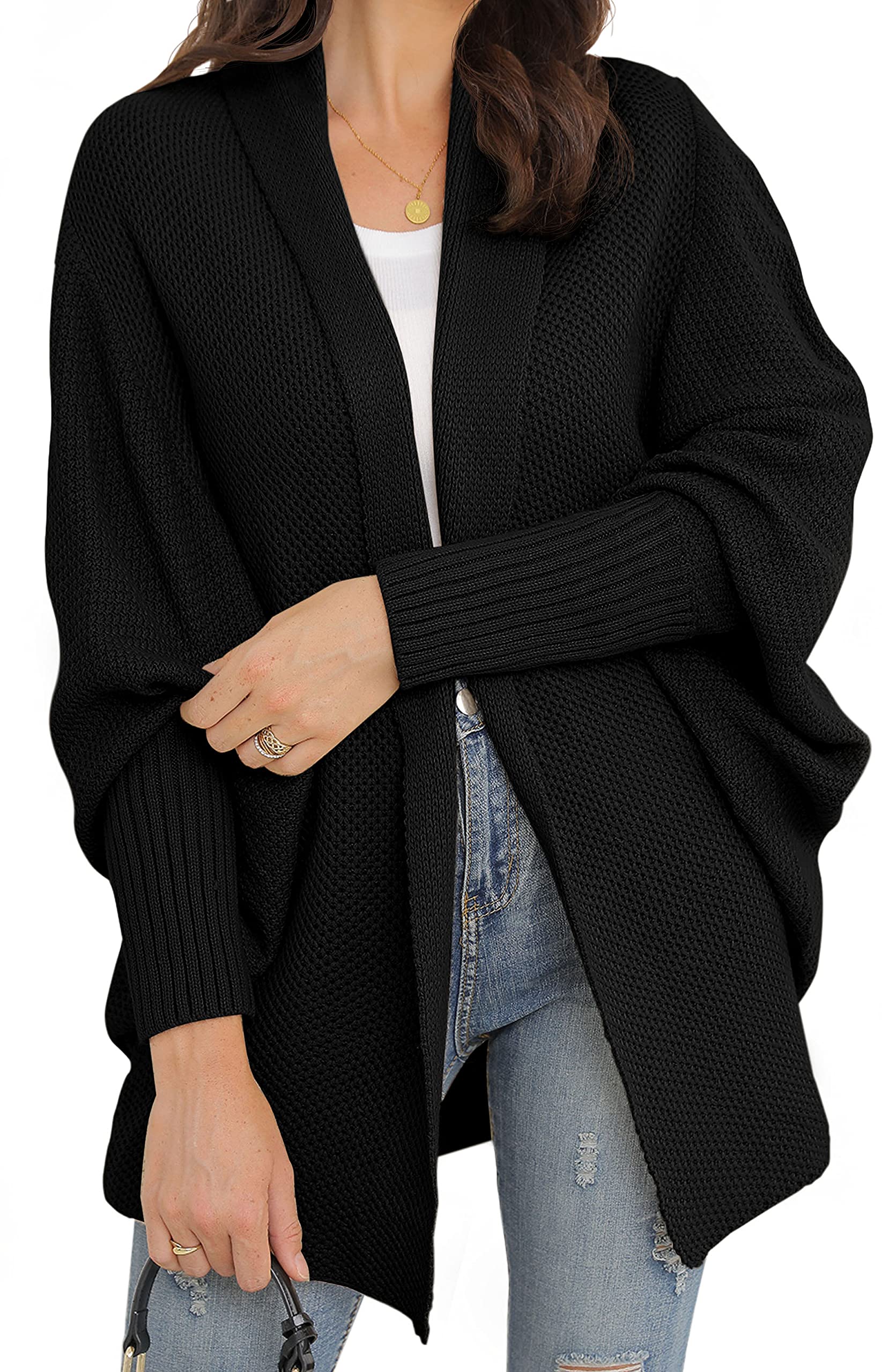 GRECERELLEWomen's Kimono Batwing Cable Open Front Knitted Slouchy Oversized Wrap Cardigan Sweater Outwear Coat