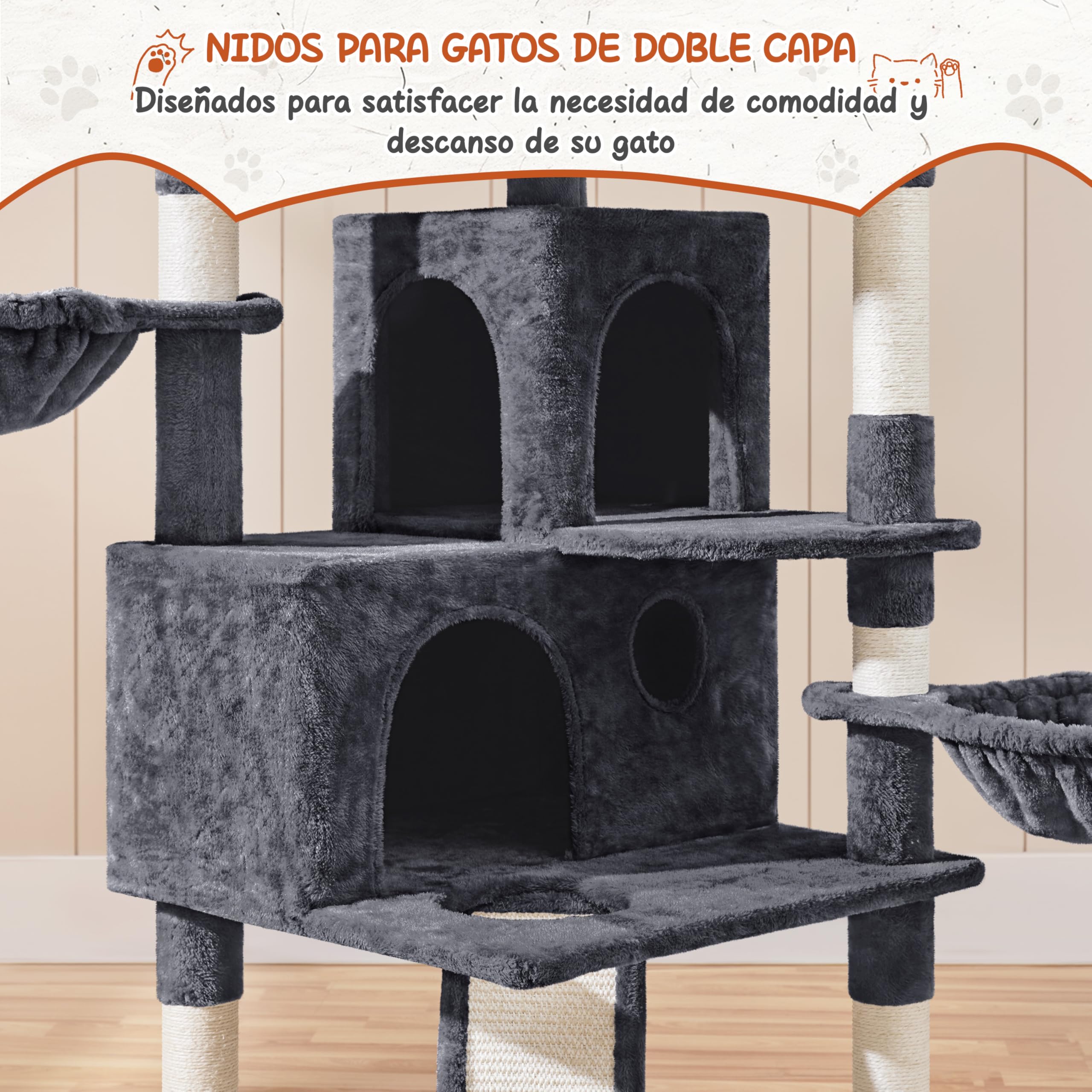 Yaheetech Árbol Rascador para Gatos Torre Escalador para 1-3 Gatos Medianos Rascador Postes con Plataforma 55,5x55,5x194 cm Gris Oscuro