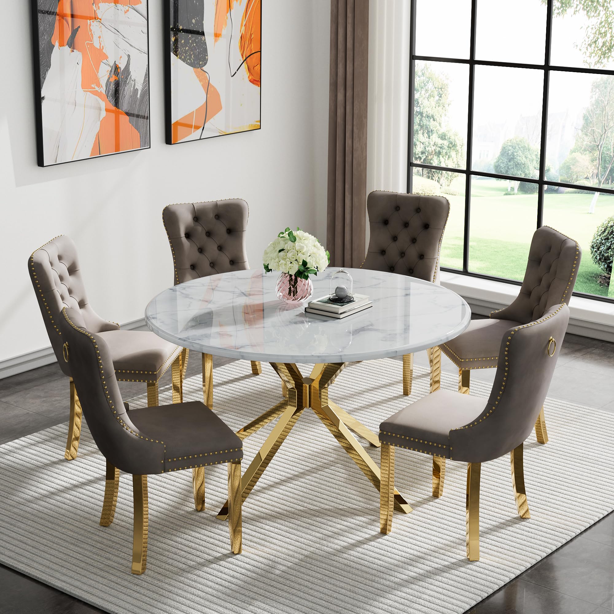 7-Piece Round Dining Table Set for 6, Luxury Faux Marble Kitchen Table Set for 6 with Grey Velvet Chairs, 45" Circle Dining Room Tables with White Marble Top and Gold Stainless Steel Cross Legs