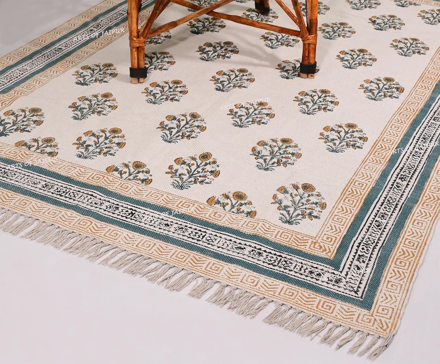 Hand Block Print Floral Cotton Dhurrie Runner Rug 4x20 Washable Floral Printed Cotton Dhurries Block Printed Runner Rugs 0.19" Boho Flatweave for Kitchen, Hallway, Entryway