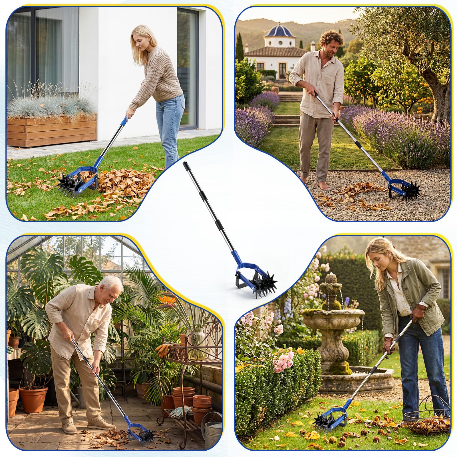 Cultivateur de Jardin Manuel, Motoculteur Manuel avec Manche Réglable jusqu'à 182 cm, Émietteur Sarcleuse 2 en 1 avec Désherbeur, Griffe de Jardin Rotative pour Aérer, Désherber et Ameublir Le