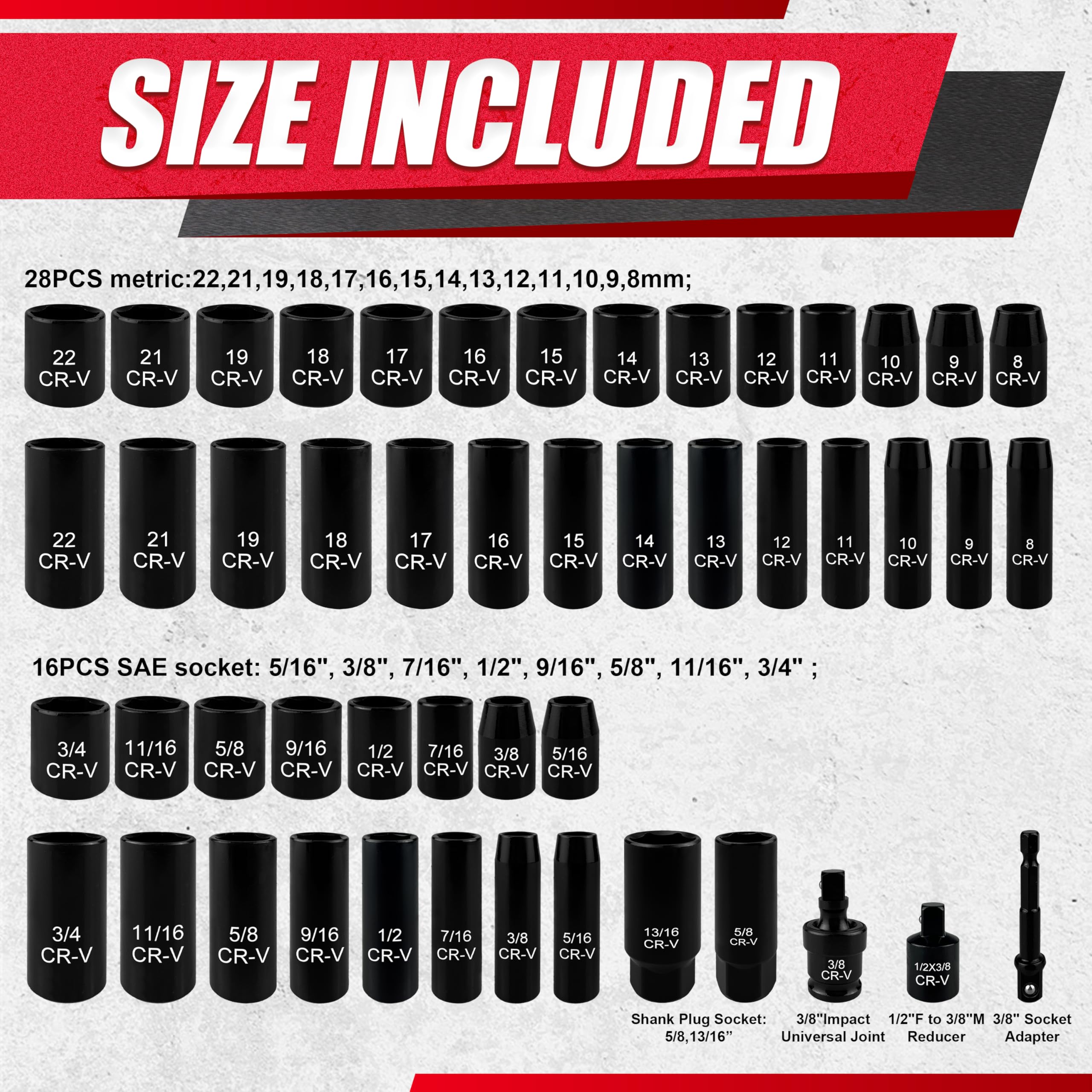 EACELIY 111PC 3/8”Socket Set,Drive Impact Socket Set, SAE/Metric, Deep & Shallow, Cr-V Steel,6 Point,8-22mm?5/16-3/4”with Adapters, 72T Ratchet Handle, Extension Bars?Bit Adapter